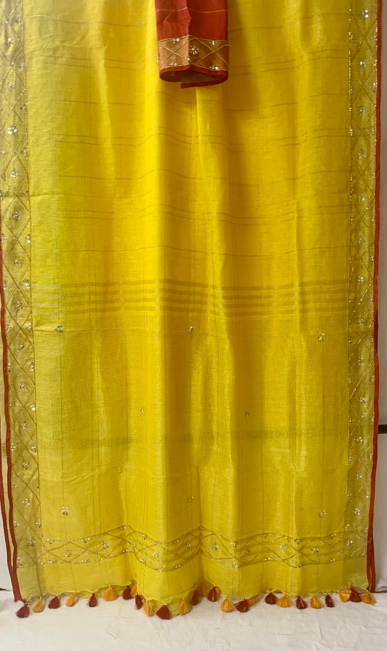 Yellow Pure Linen Embroidery Saree