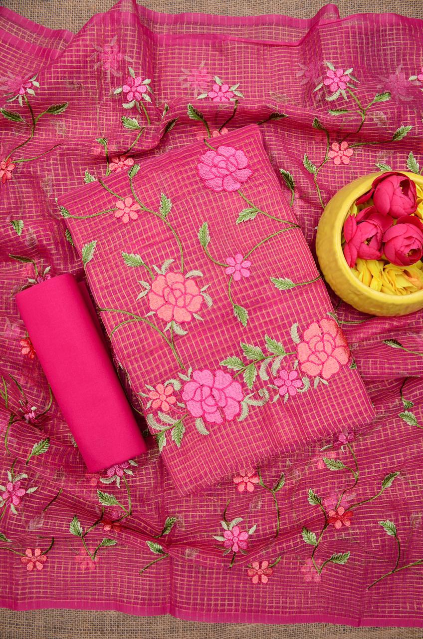 Kota Doria Embroidered Suit Set In Pink ch (unstitched) (Copy)