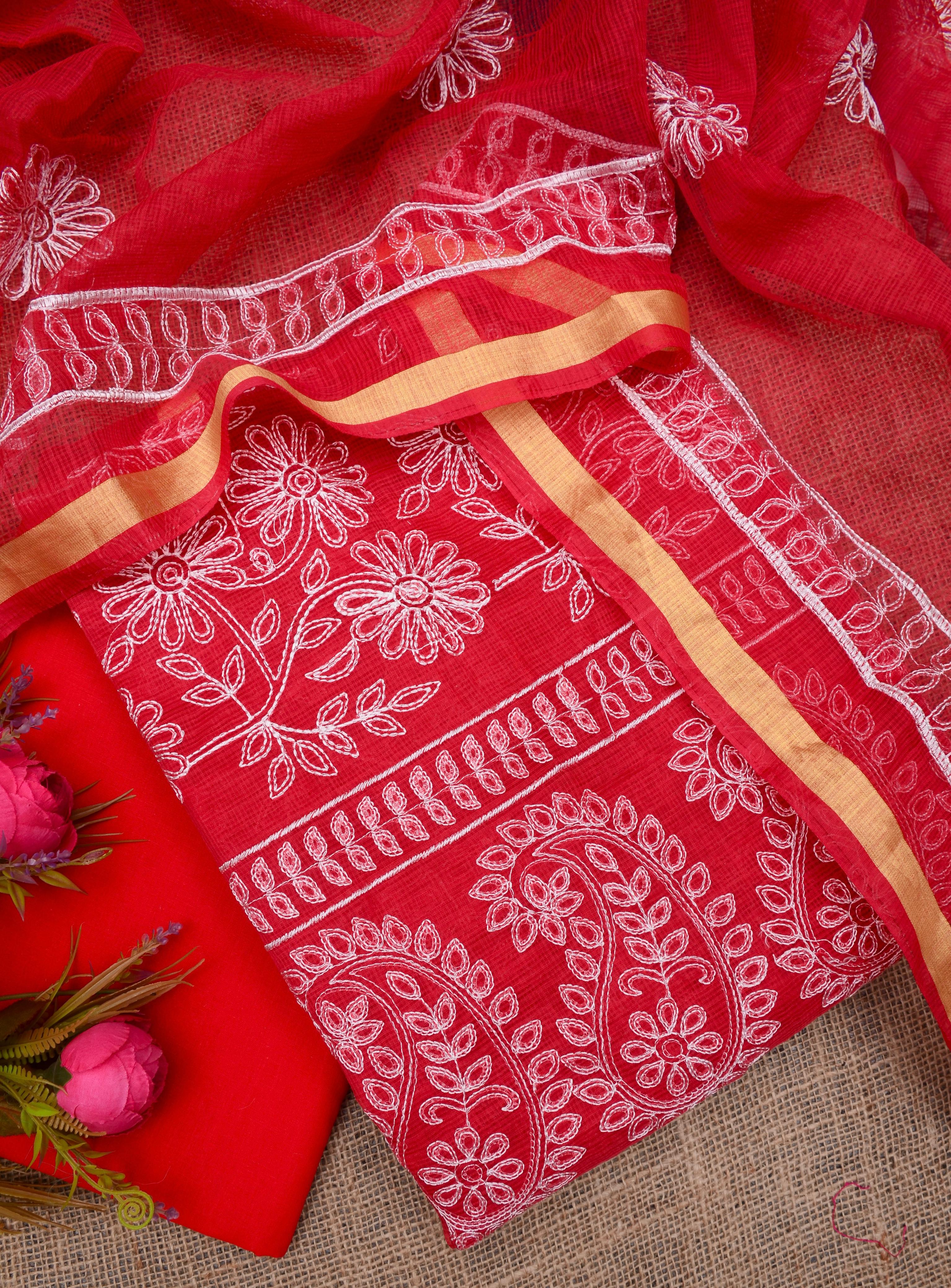 Red Embroided Kota Doria Cotton Suit Fabric With Dupatta