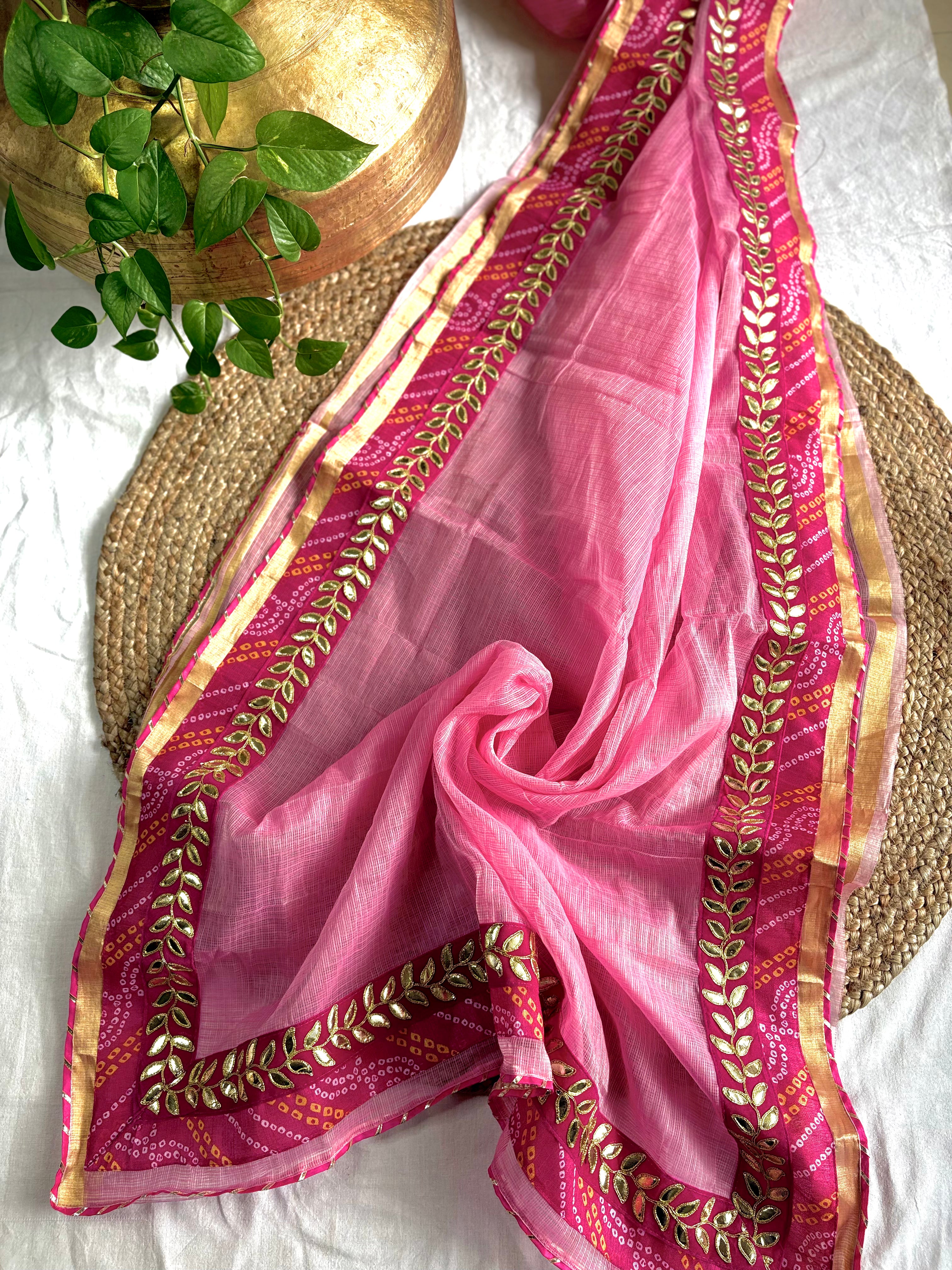 Pink colour Kota Doria Gota Patti Saree