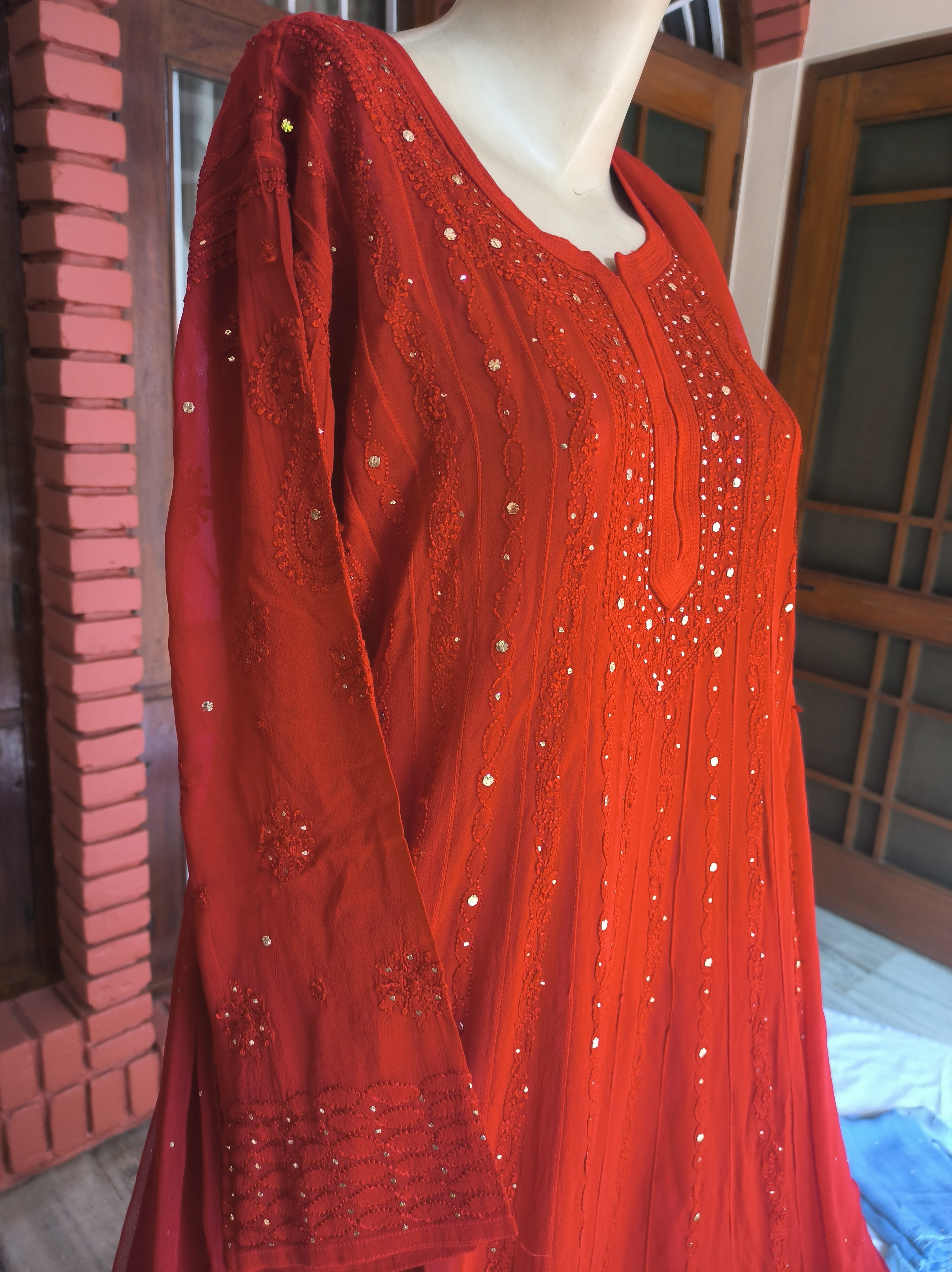 Red Lucknowi Chikankari Anarkali Gota Patti Salwar Suit (Semi stitched)