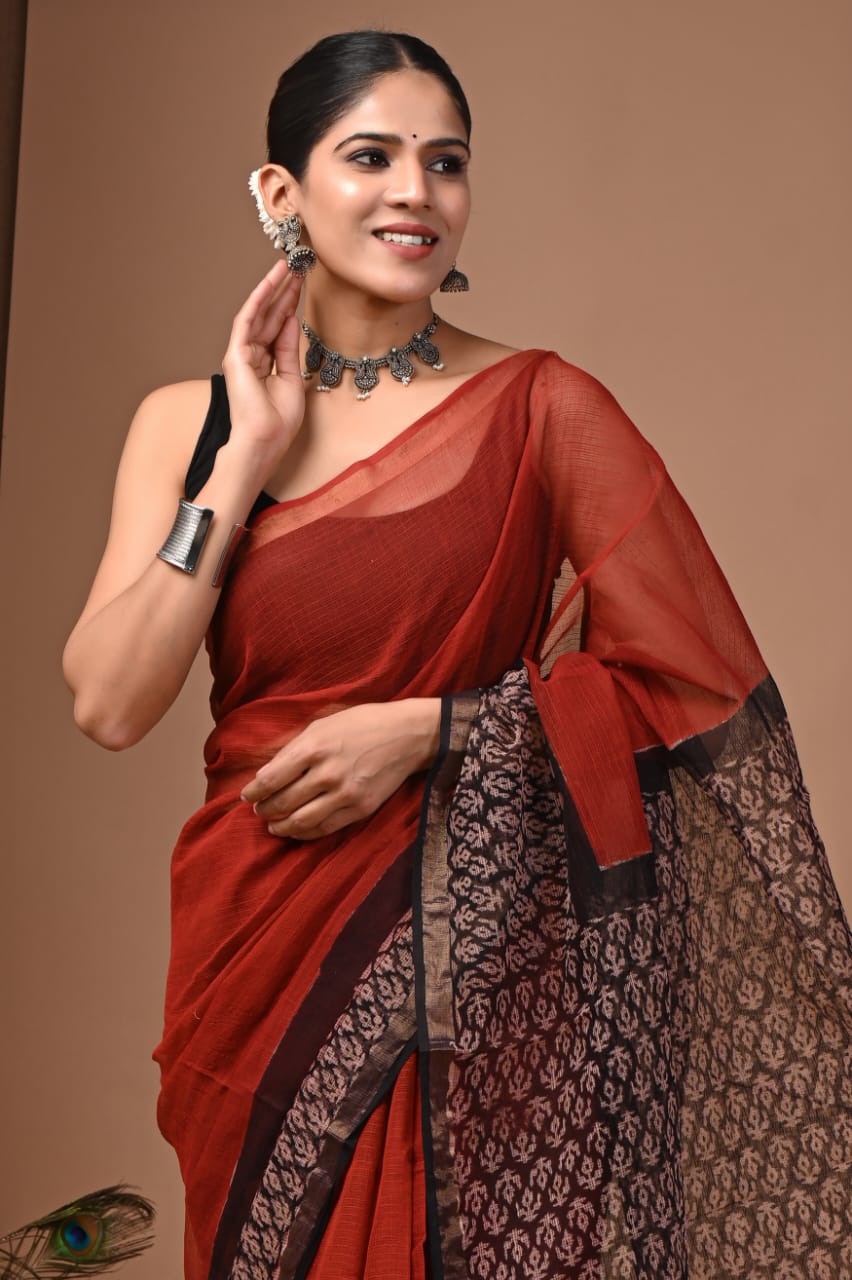 Rajasree- Authentic Red Traditional Kota Doriya Print Saree
