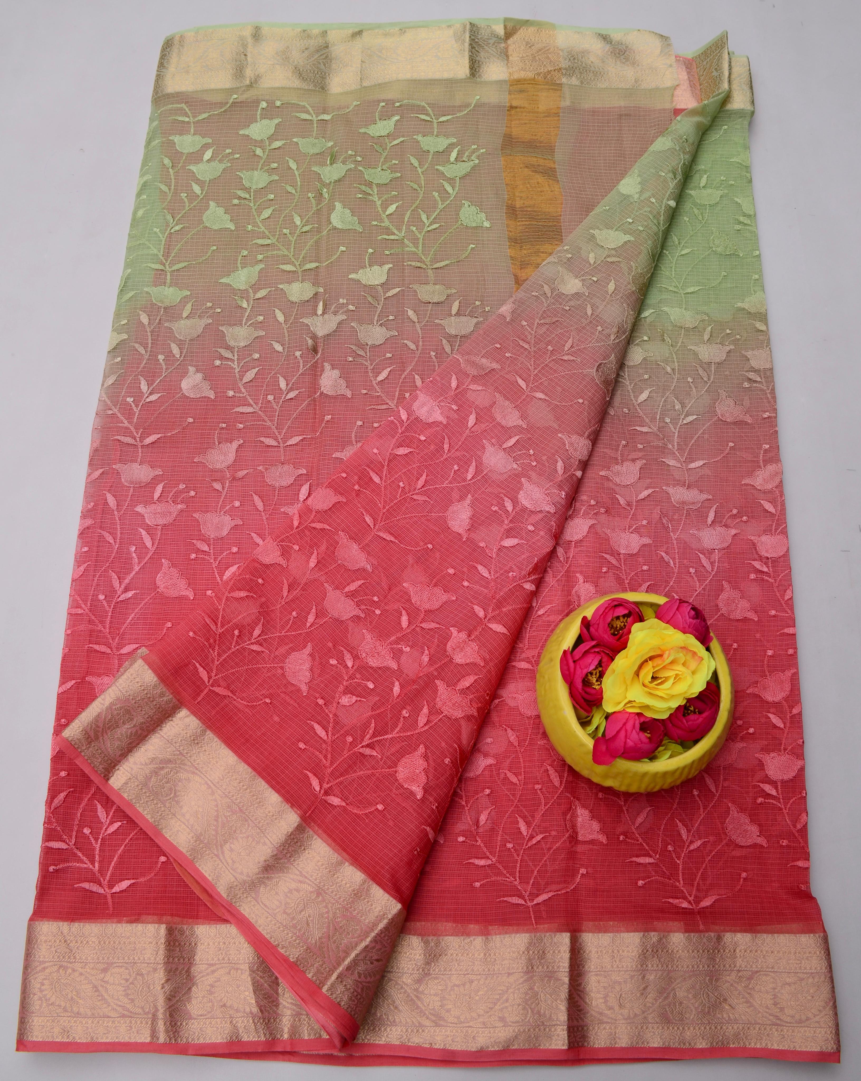 Green and Red Kota Doria All Over Embroidery Work Saree