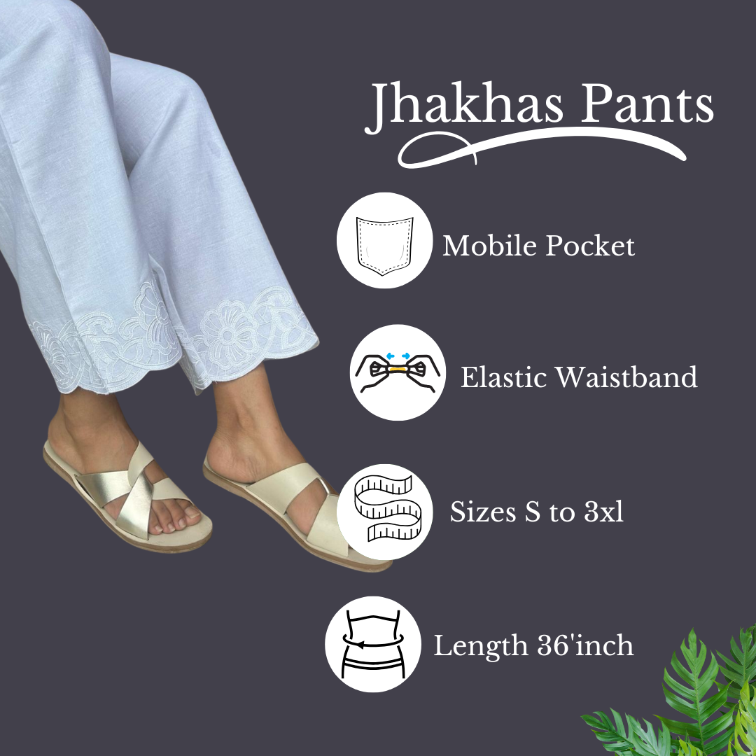 White Embroidery Straight Pant In Cotton For Women