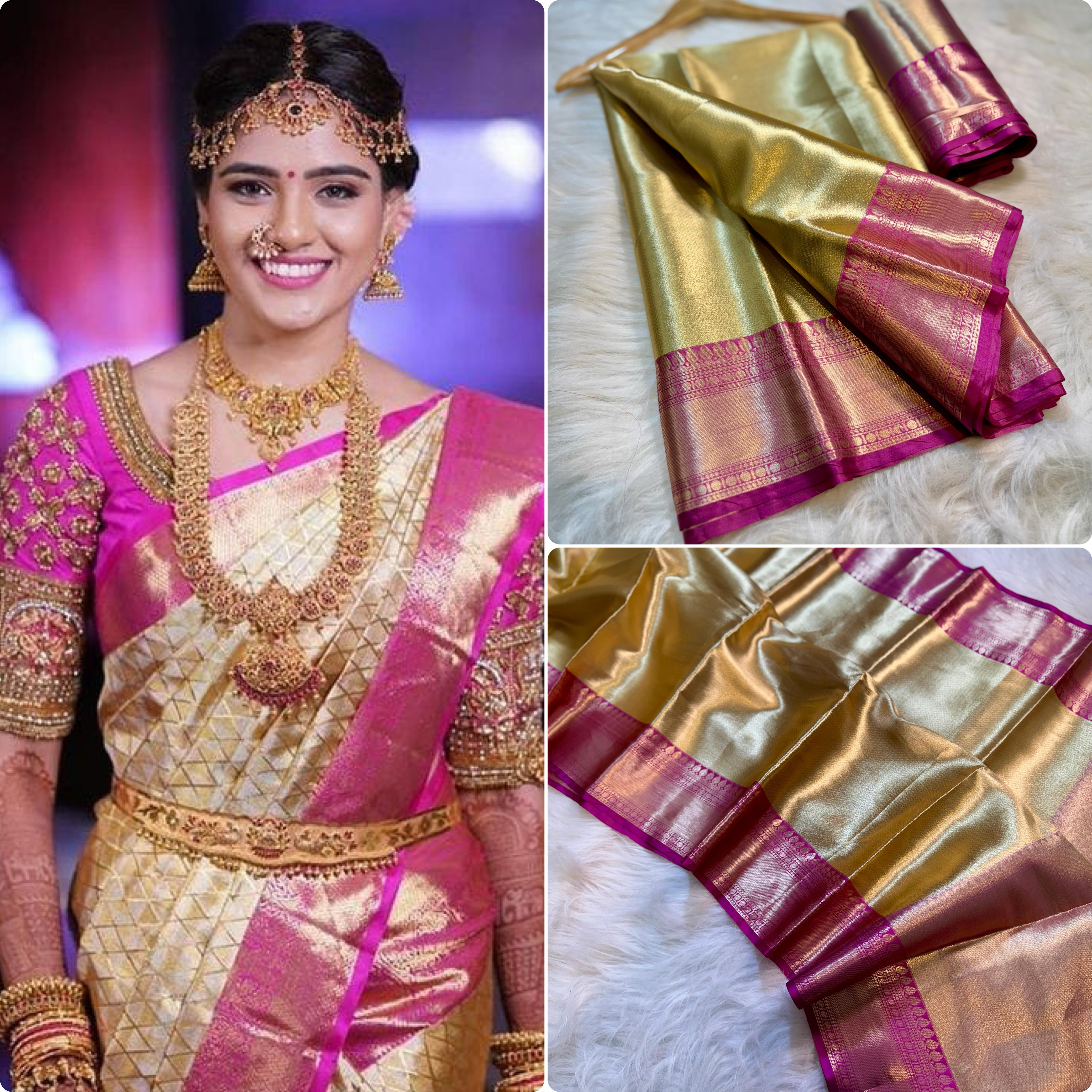 Beautiful Golden Celebrity Inspired Banarasi Tissue Zari Silk Saree