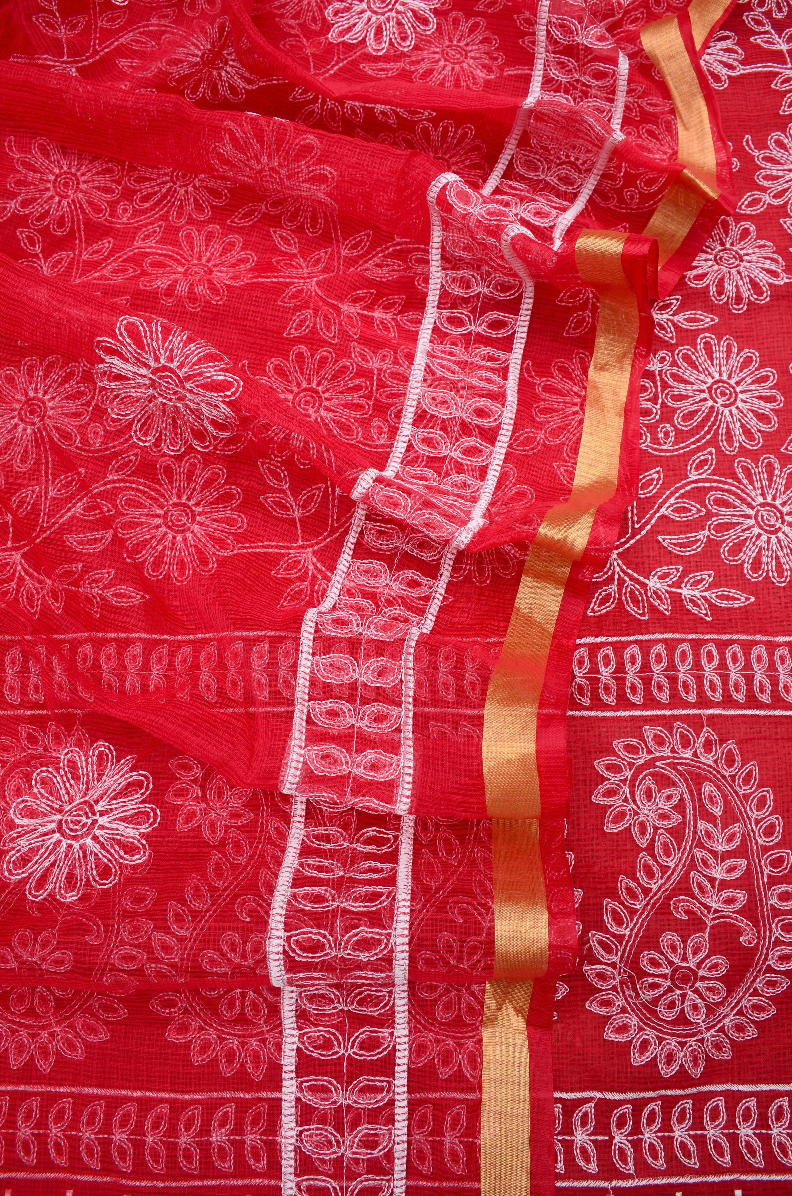 Red Embroided Kota Doria Cotton Suit Fabric With Dupatta