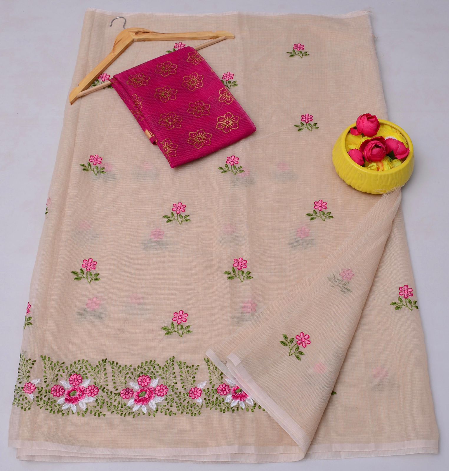 Cream Kota Doria Embroidery Work Saree