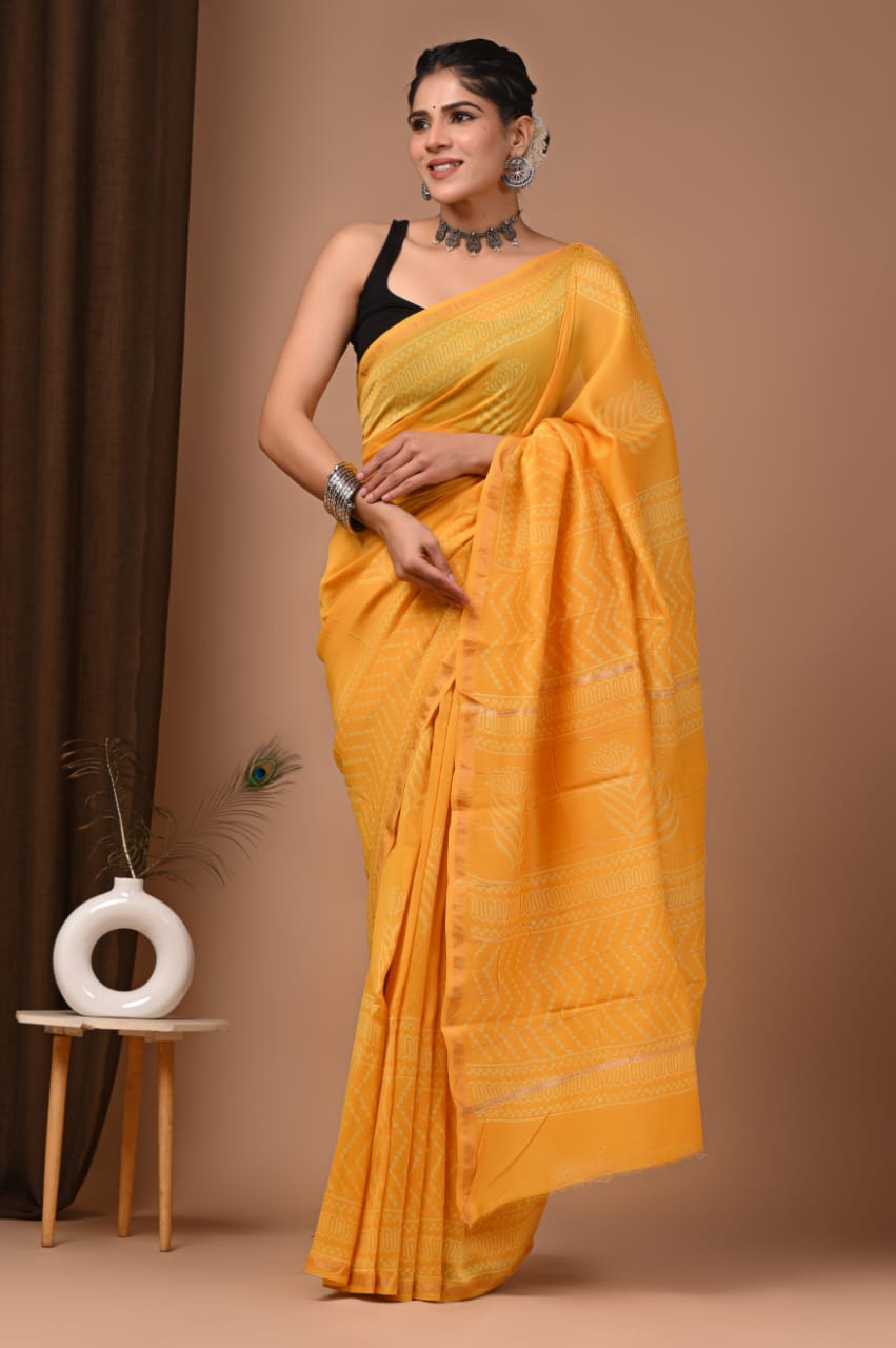 Yellow Colour Chanderi Hand Block Printed  Saree