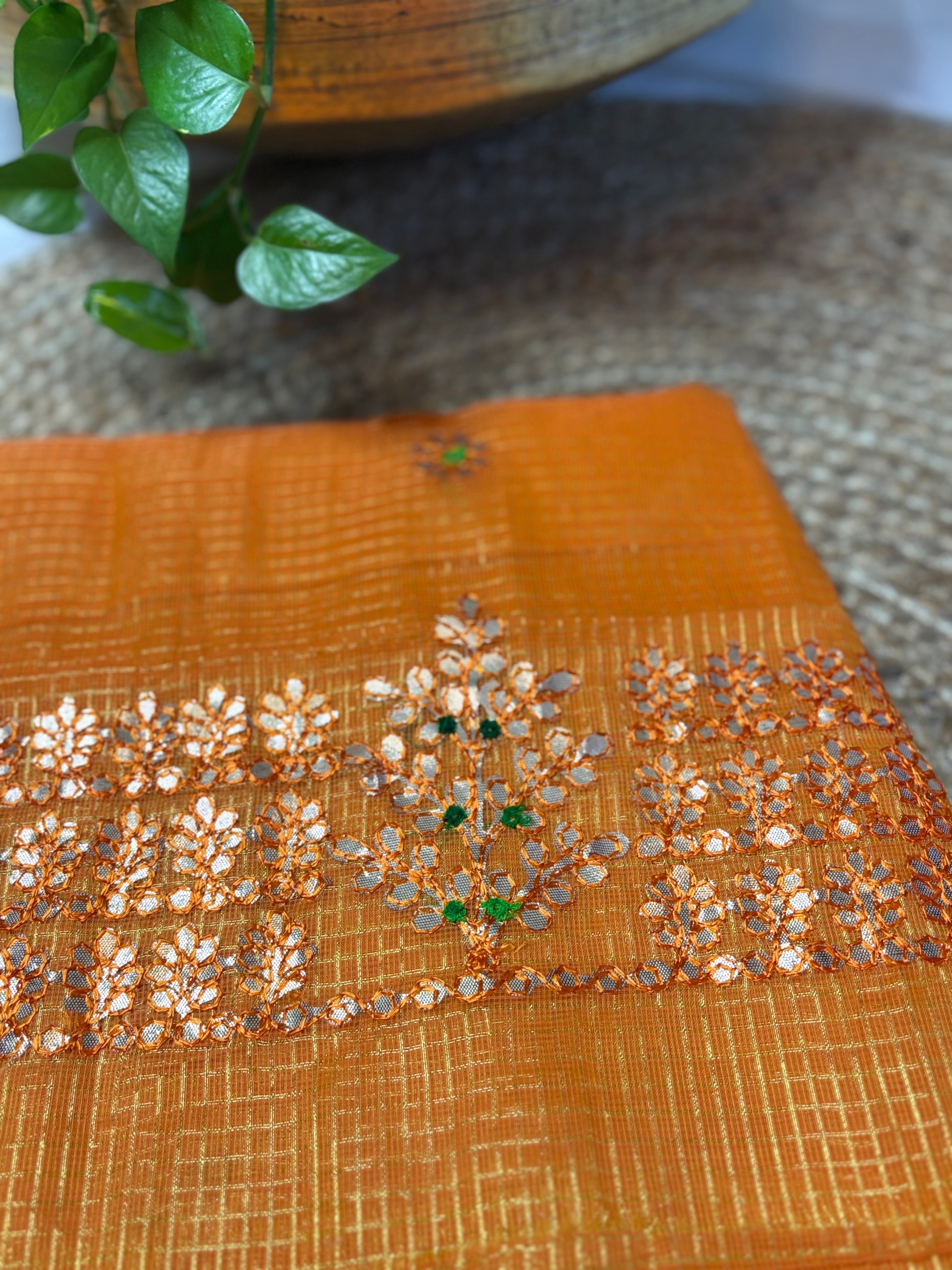 Mustard Yellow Kota Doria Gota Patti Saree