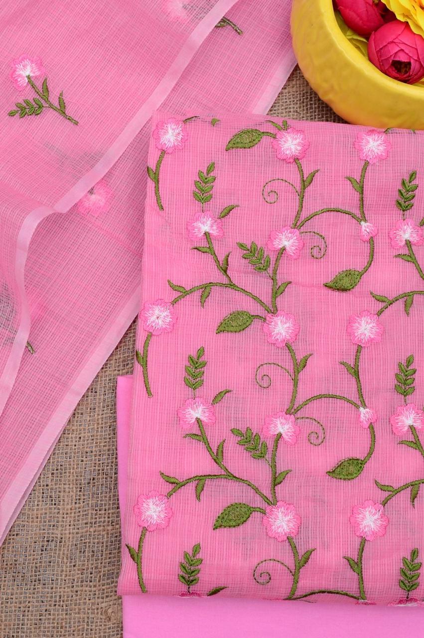 Kota Doria Embroidered Suit Set In Pink