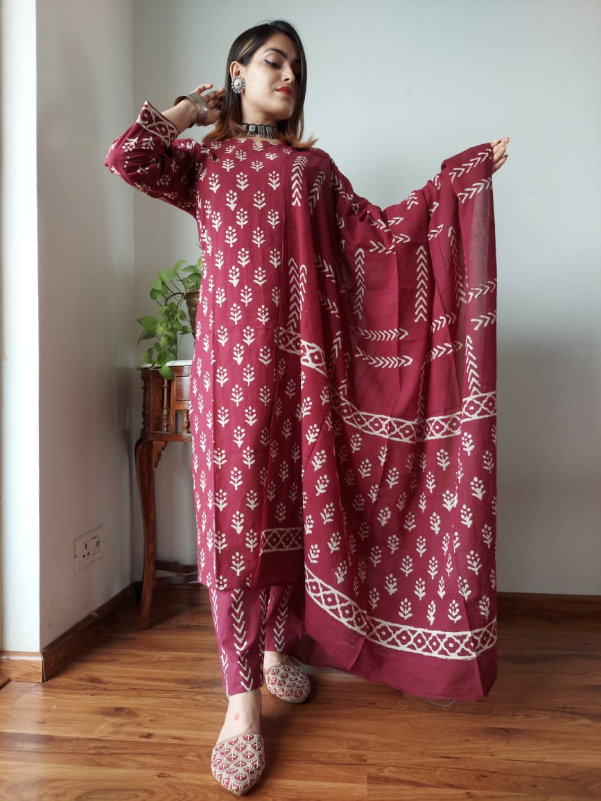 Summer Maroon Block Print Suit Set And Dupatta