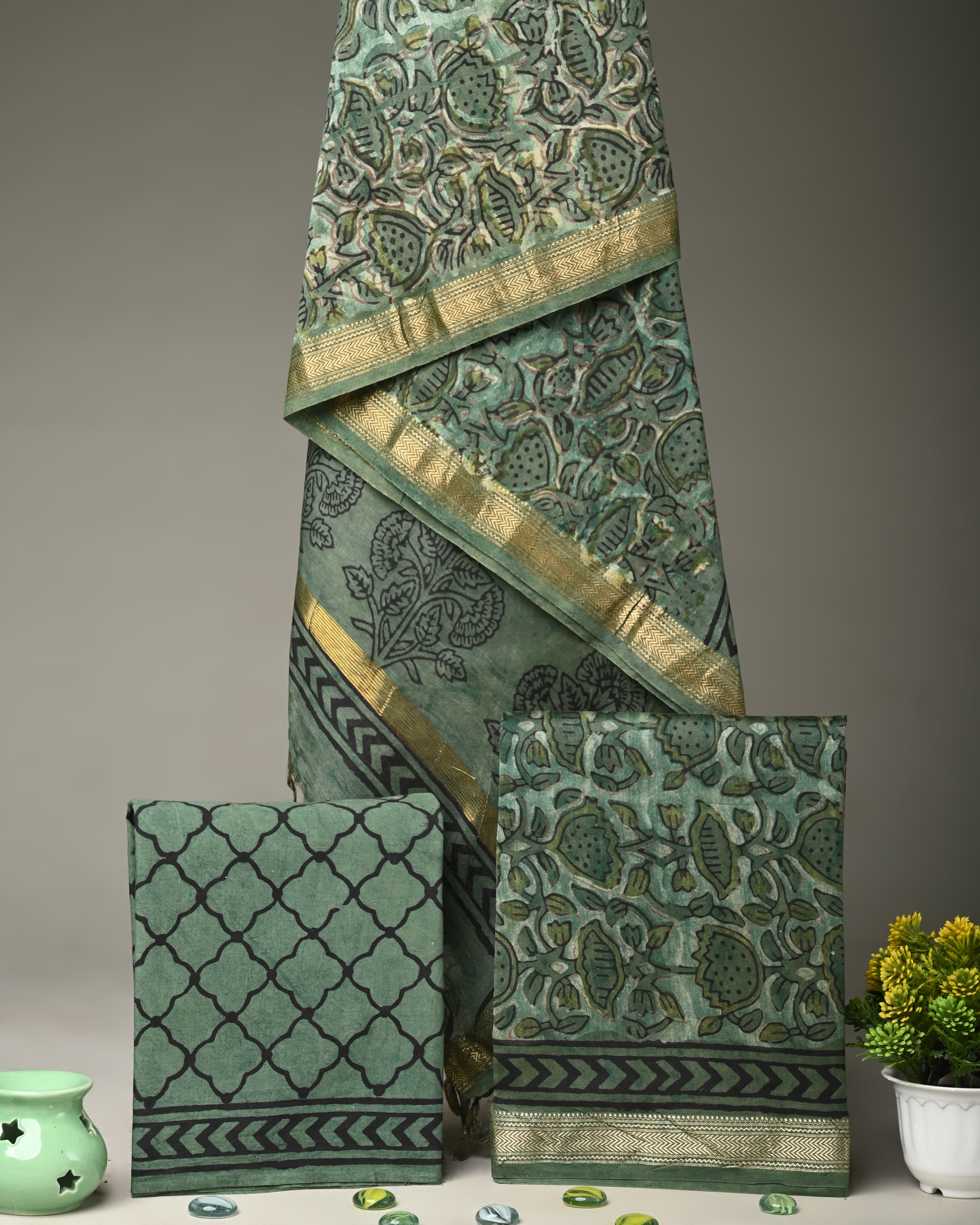 Dark green ajrakh print Maheshwari silk suit Material 