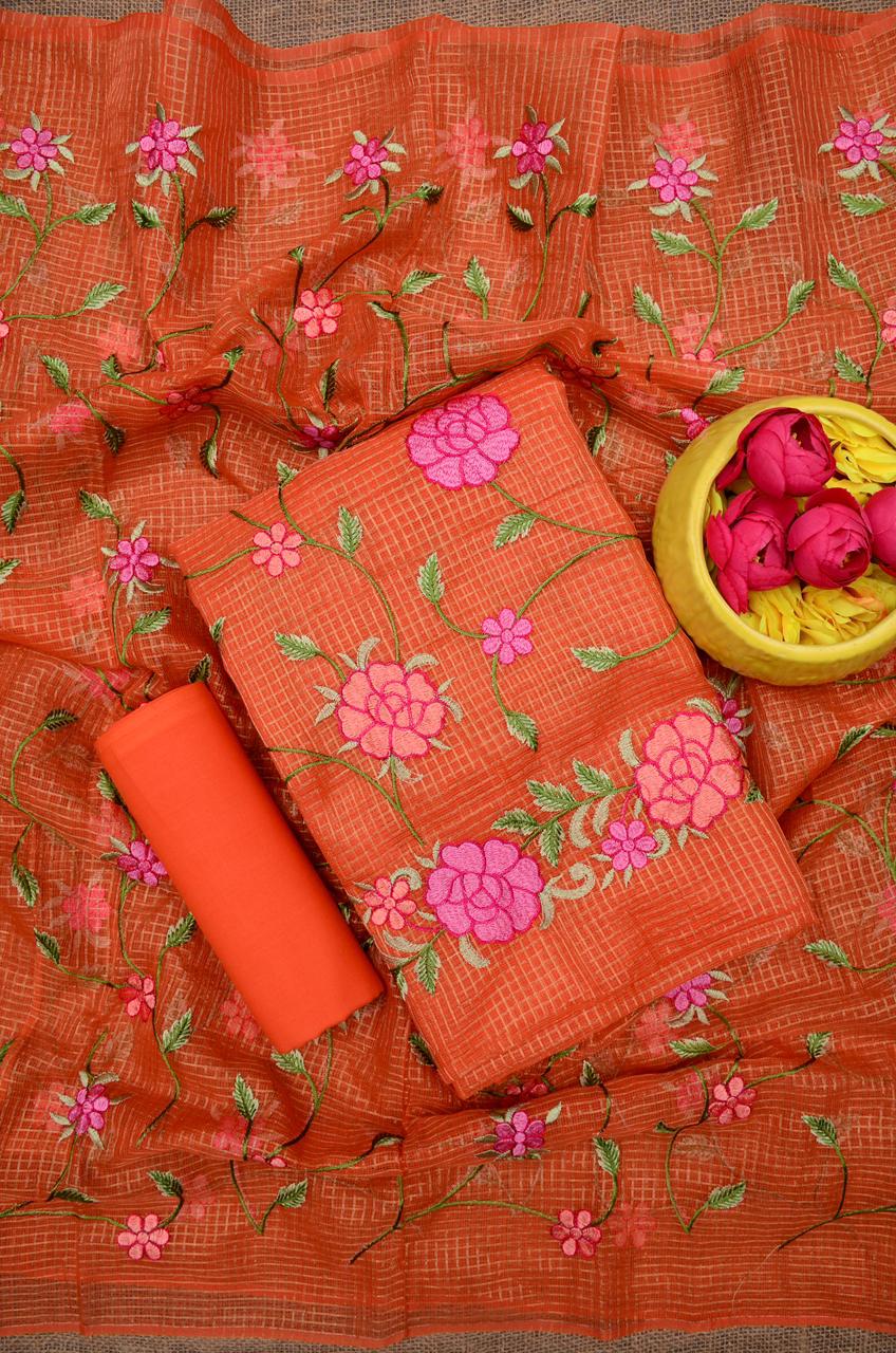 Kota Doria Embroidered Suit Set In orange (unstitched)