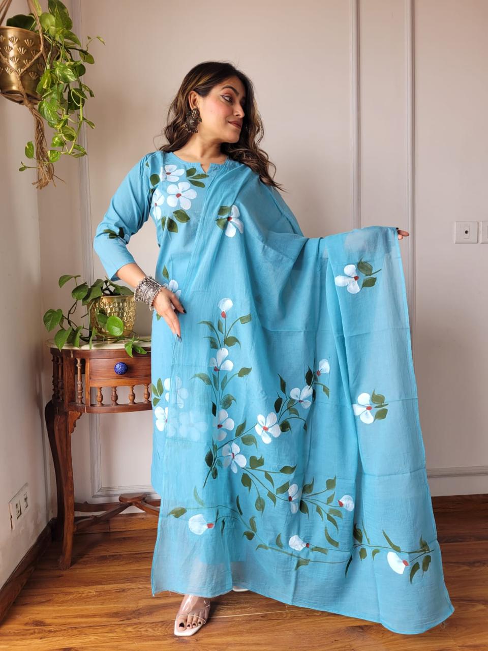 Blue Block Print Suit Set With Dupatta