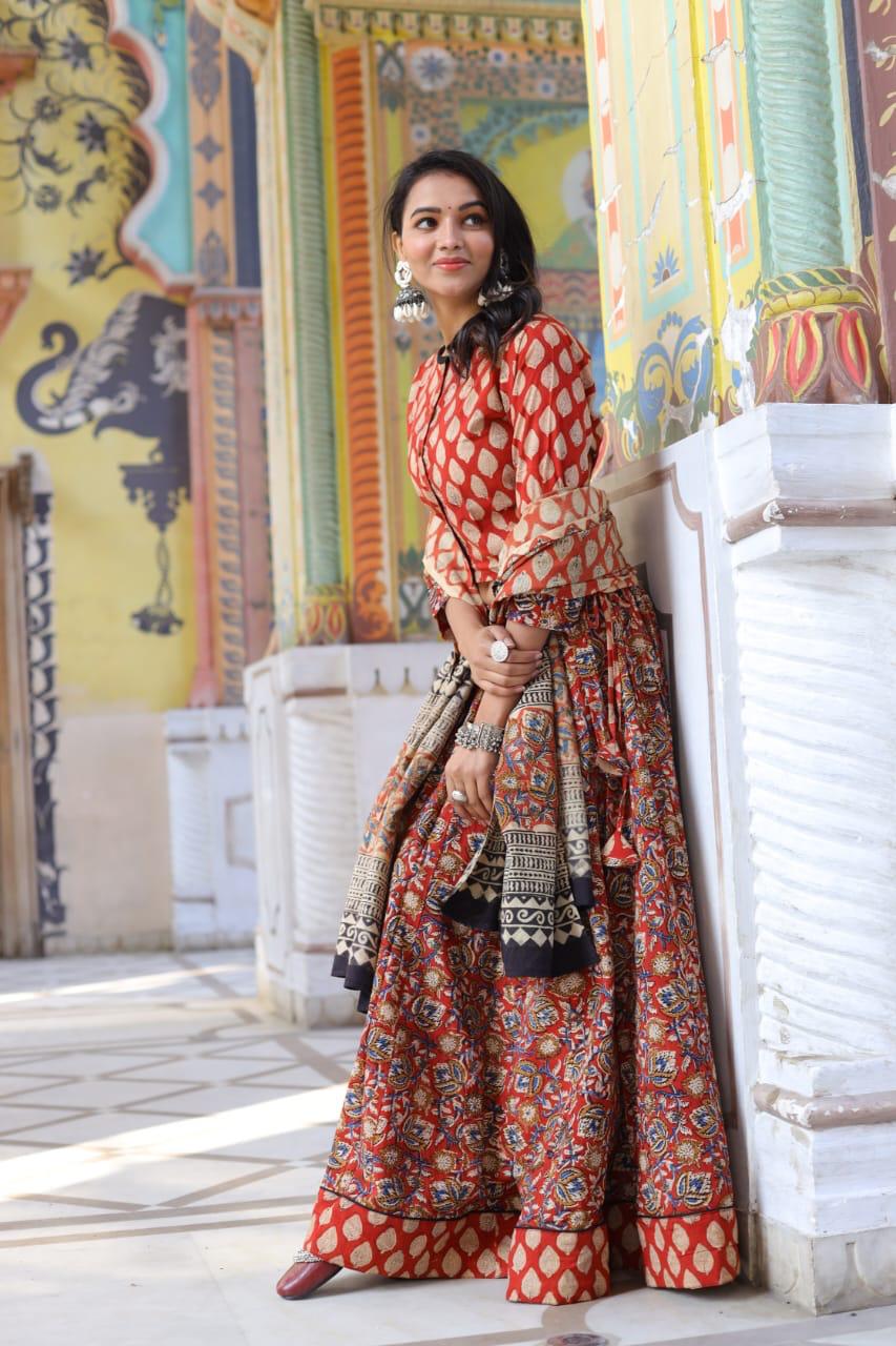 Red Colour Bagru Print Flora lehenga choli Set