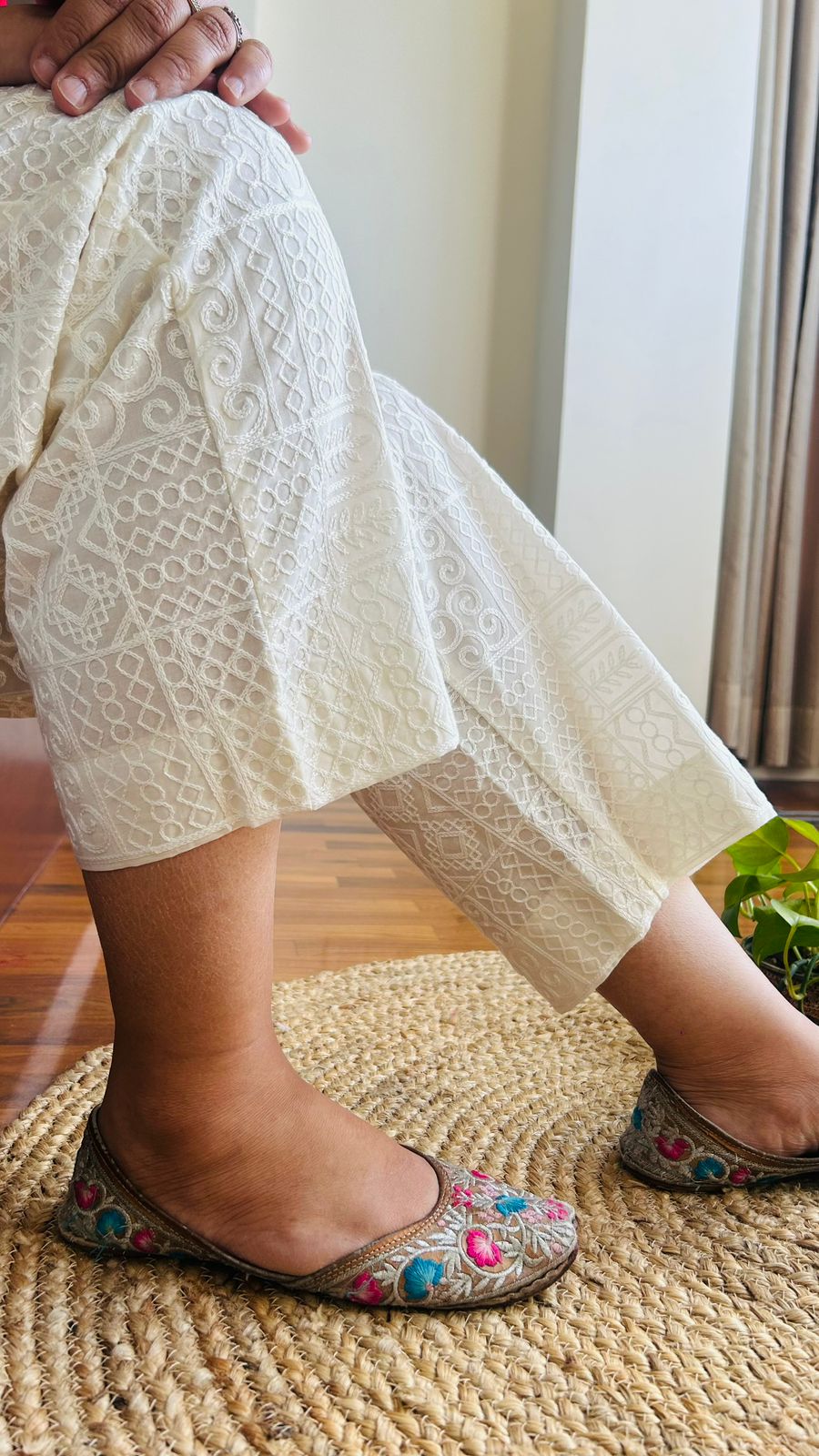 Aadhira Cream Full Embroidery Straight Pant In Cotton For Women