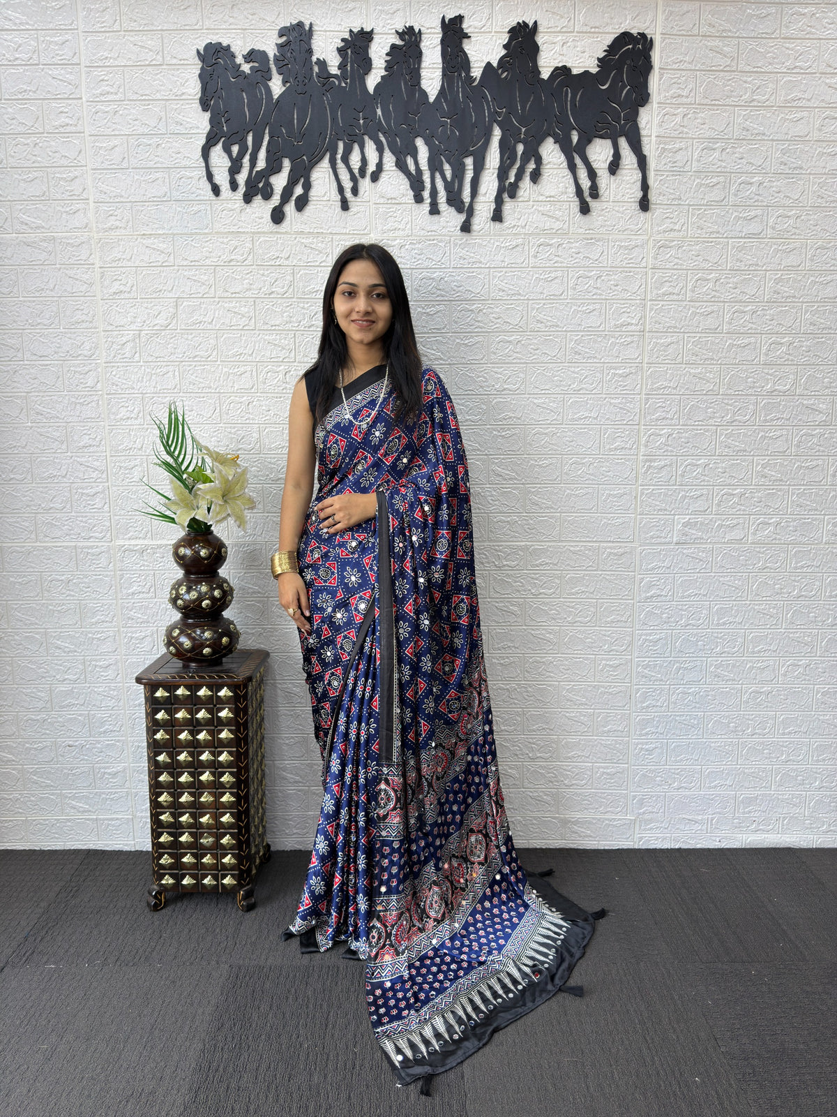Blue Ajrakh Print Mirror Work Satin Silk Saree