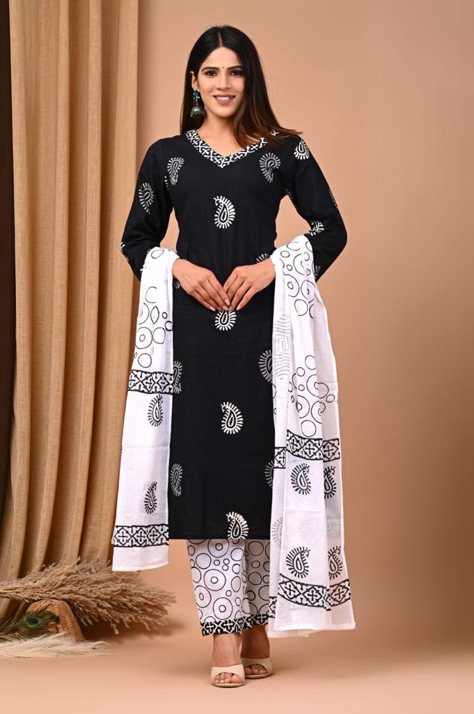 Black Block Print Suit Set With Dupatta