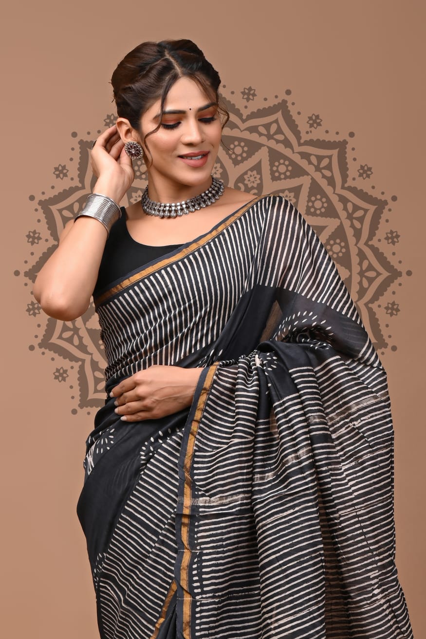 Black Chanderi Handblock Printed Saree