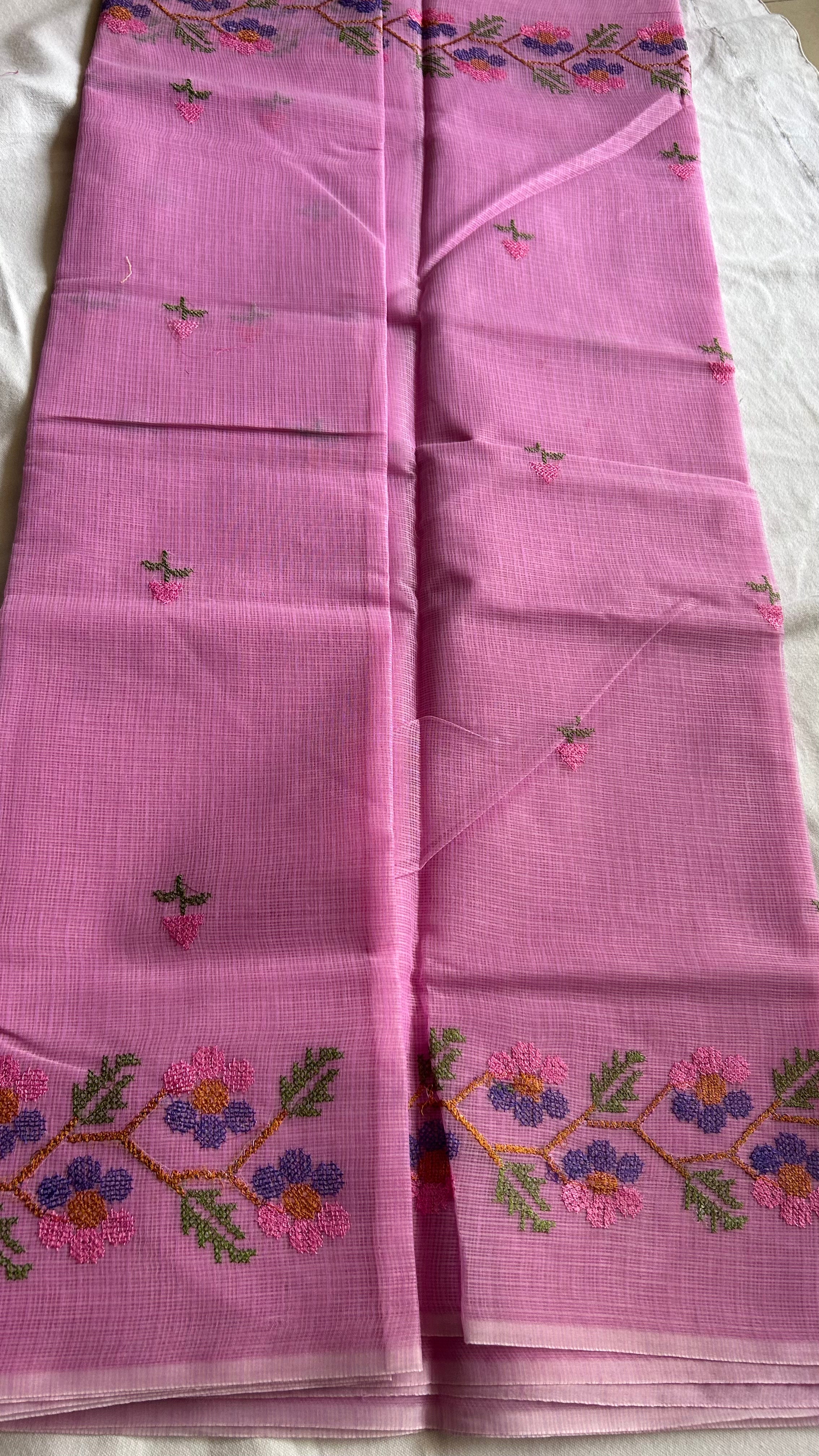 Cross Stitch Kota Doria Embroidery Work Saree In Pink