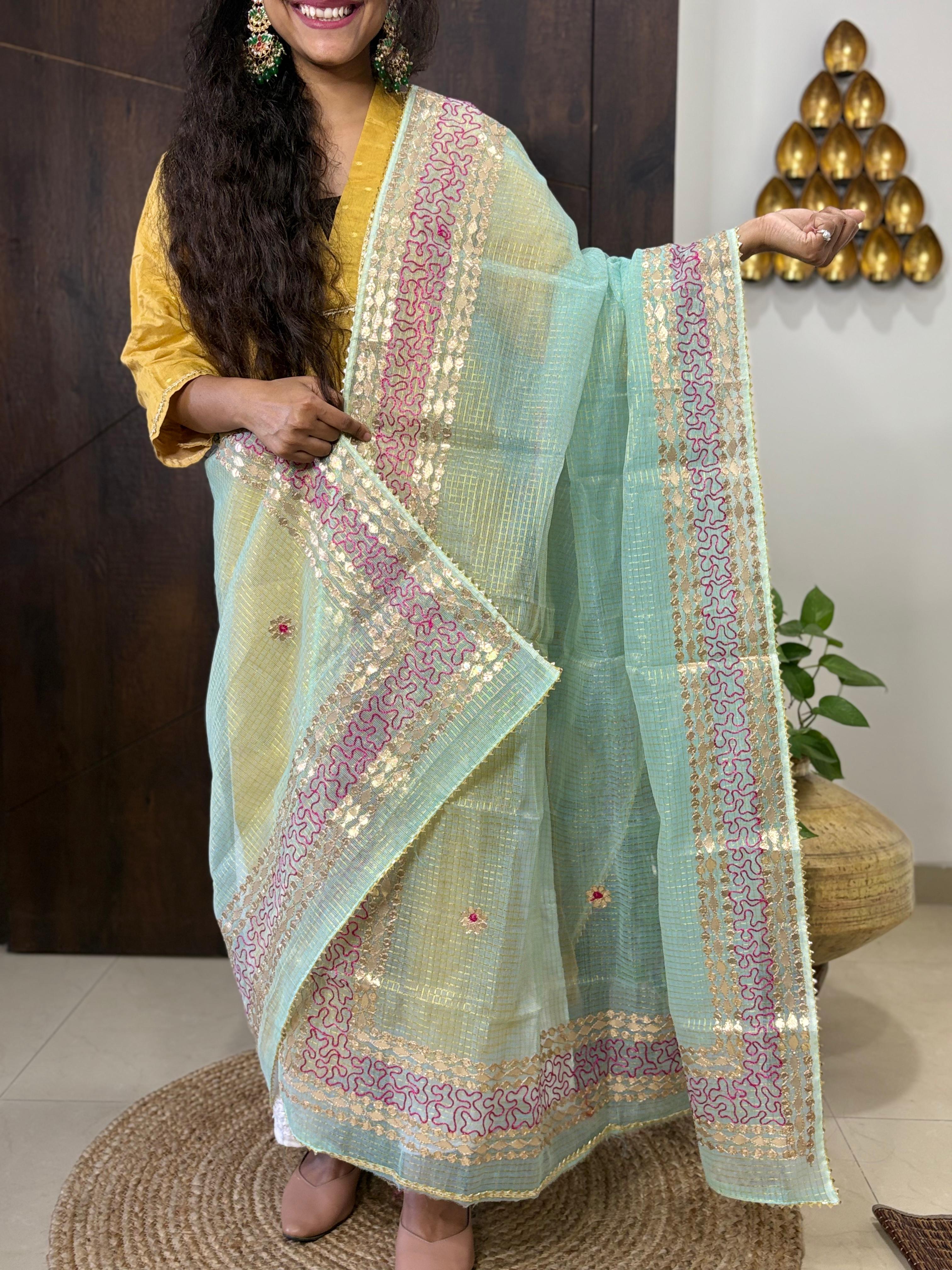 Blue Kota Doria Heavy Gota Patti Work Dupatta