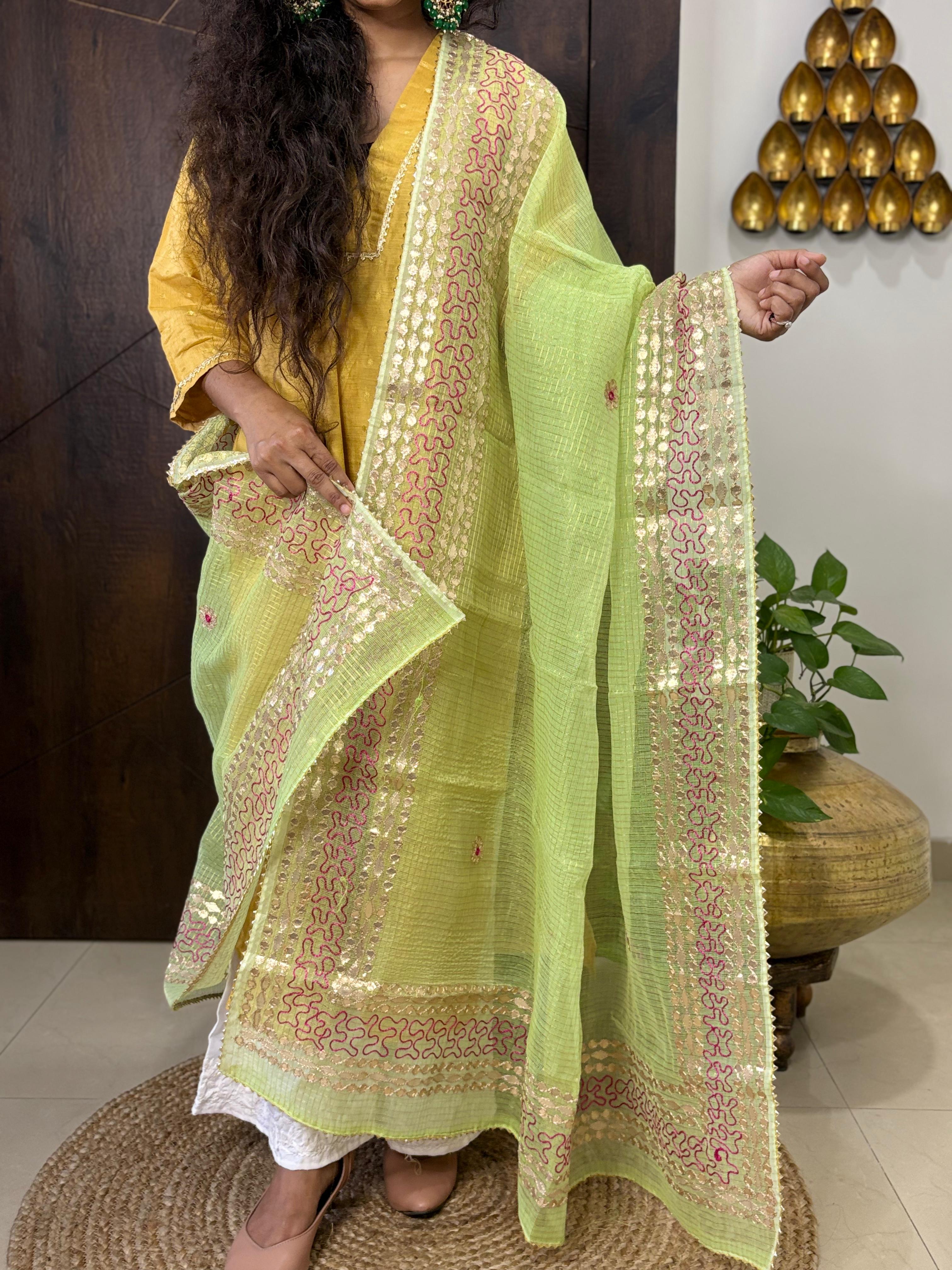 Green Kota Doria Heavy Gota Patti Work Dupatta
