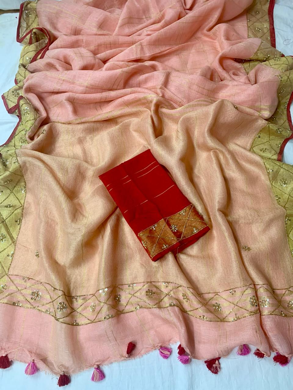 Peach Pure Linen Embroidery Saree