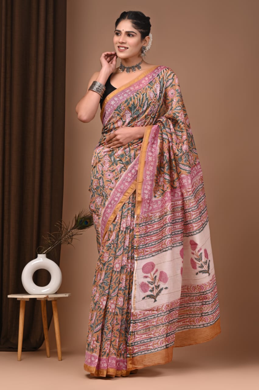 Pink Colour Chanderi Hand Block Printed  Saree