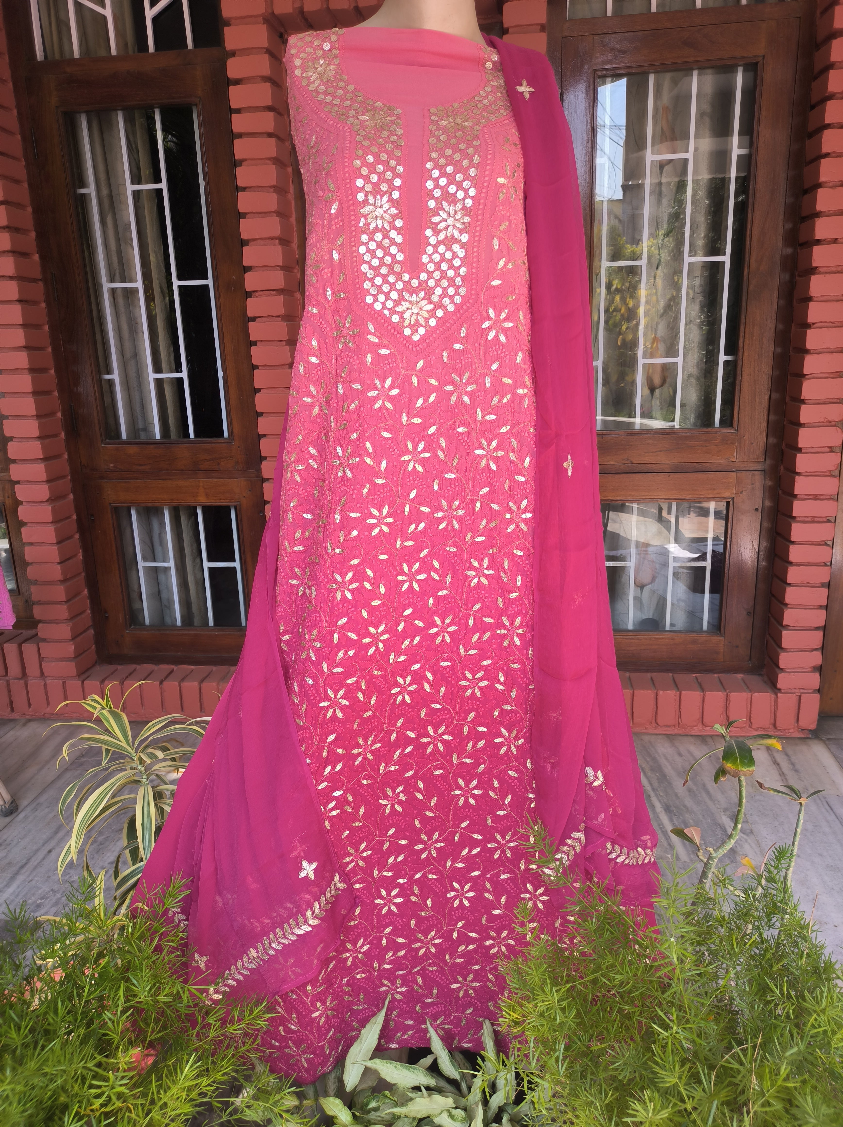 Peach & Pink Lucknowi Chikankari Gota Patti Salwar Suit(Dress Material)