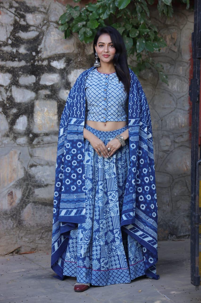 Blue Colour Bagru Print Flora lehenga choli Set