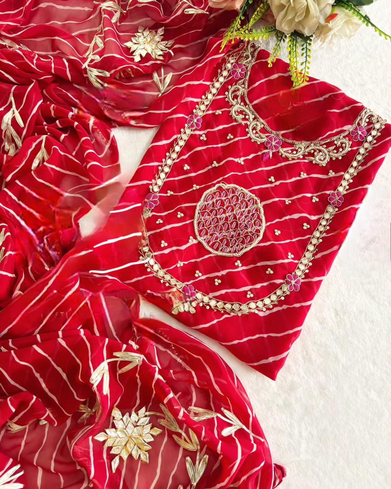 Beautiful Red Color Leheriya Gota Patti Work Suit
