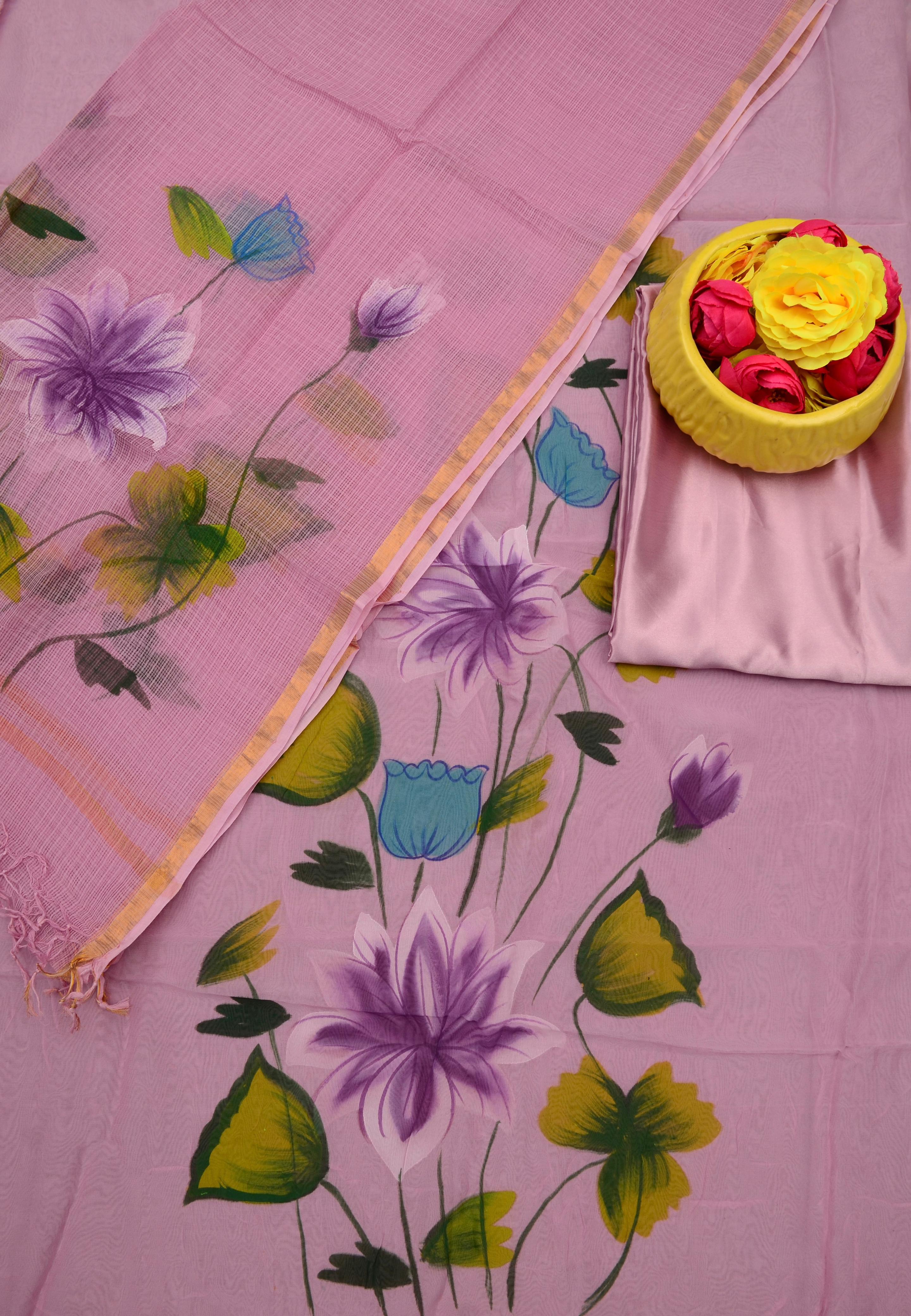 Pink color Hand Painted Cotton Kota Doria Suit With Dupatta