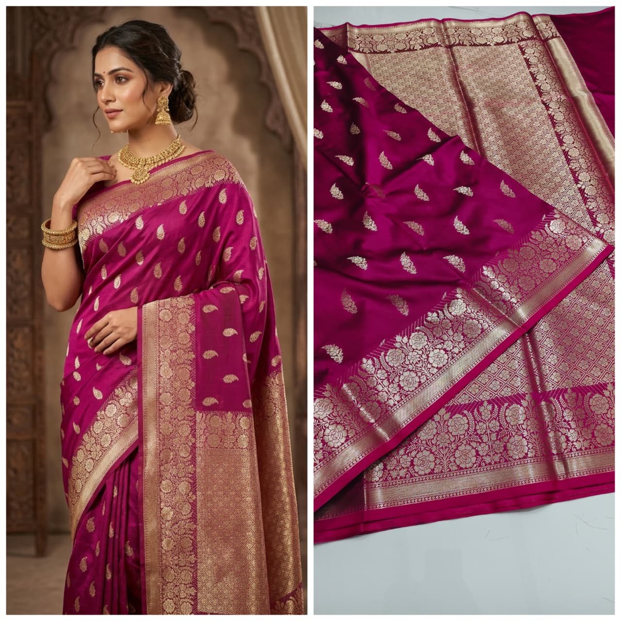 Banarasi Handloom Semi Kathan  Saree In Rani Pink