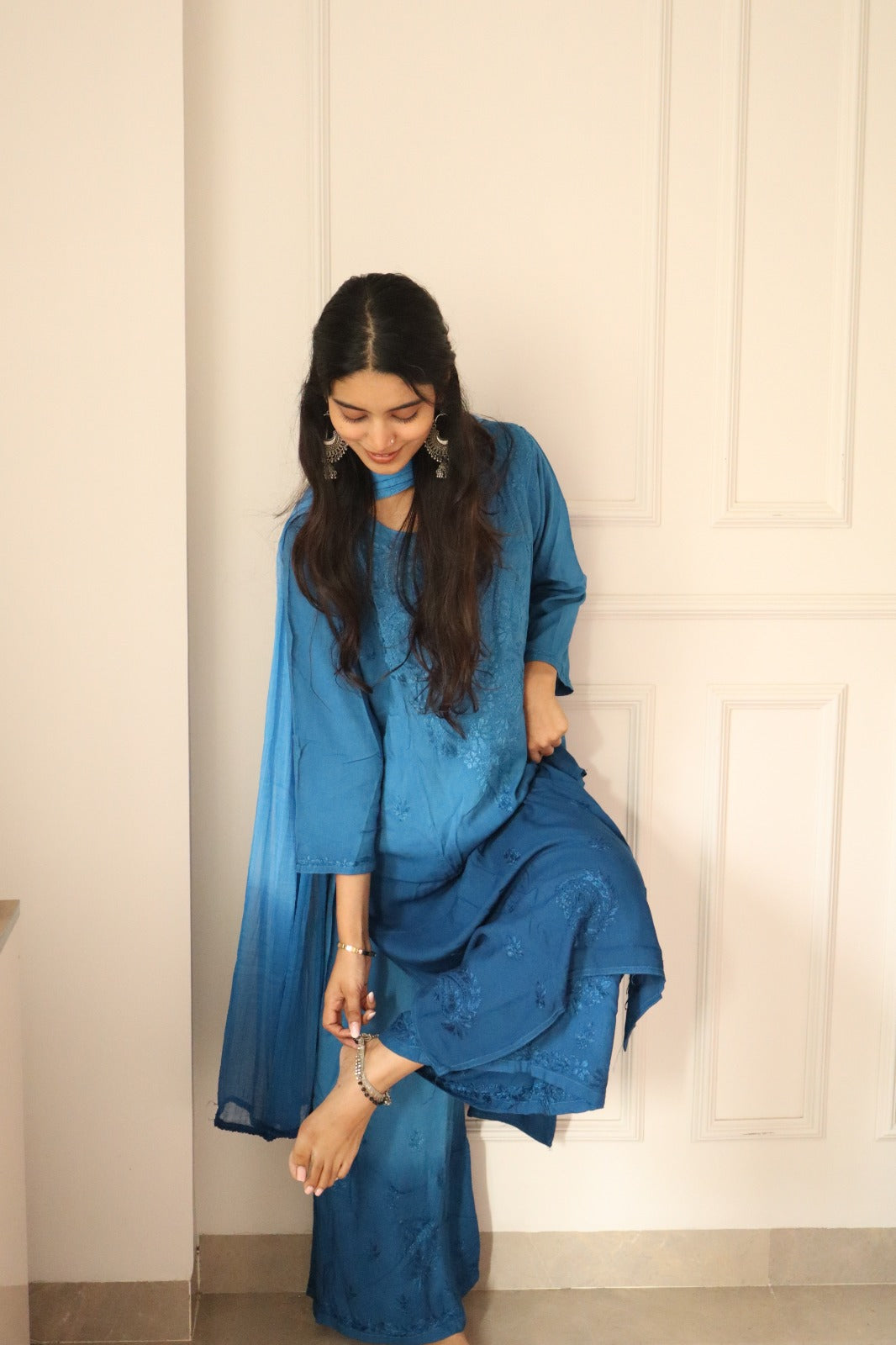 Blue Chikankari Rayon Kurti Palazzo Set With Dupatta