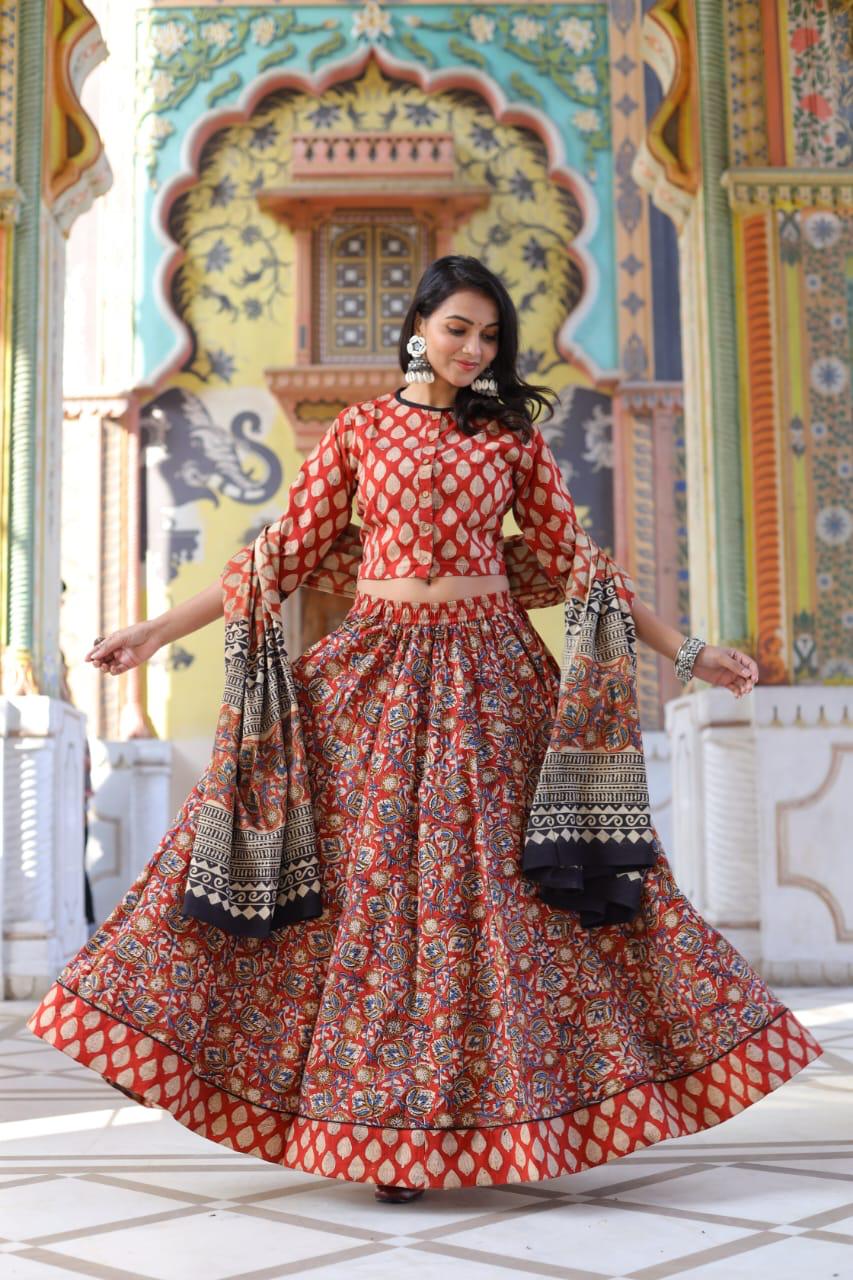 Red Colour Bagru Print Flora lehenga choli Set