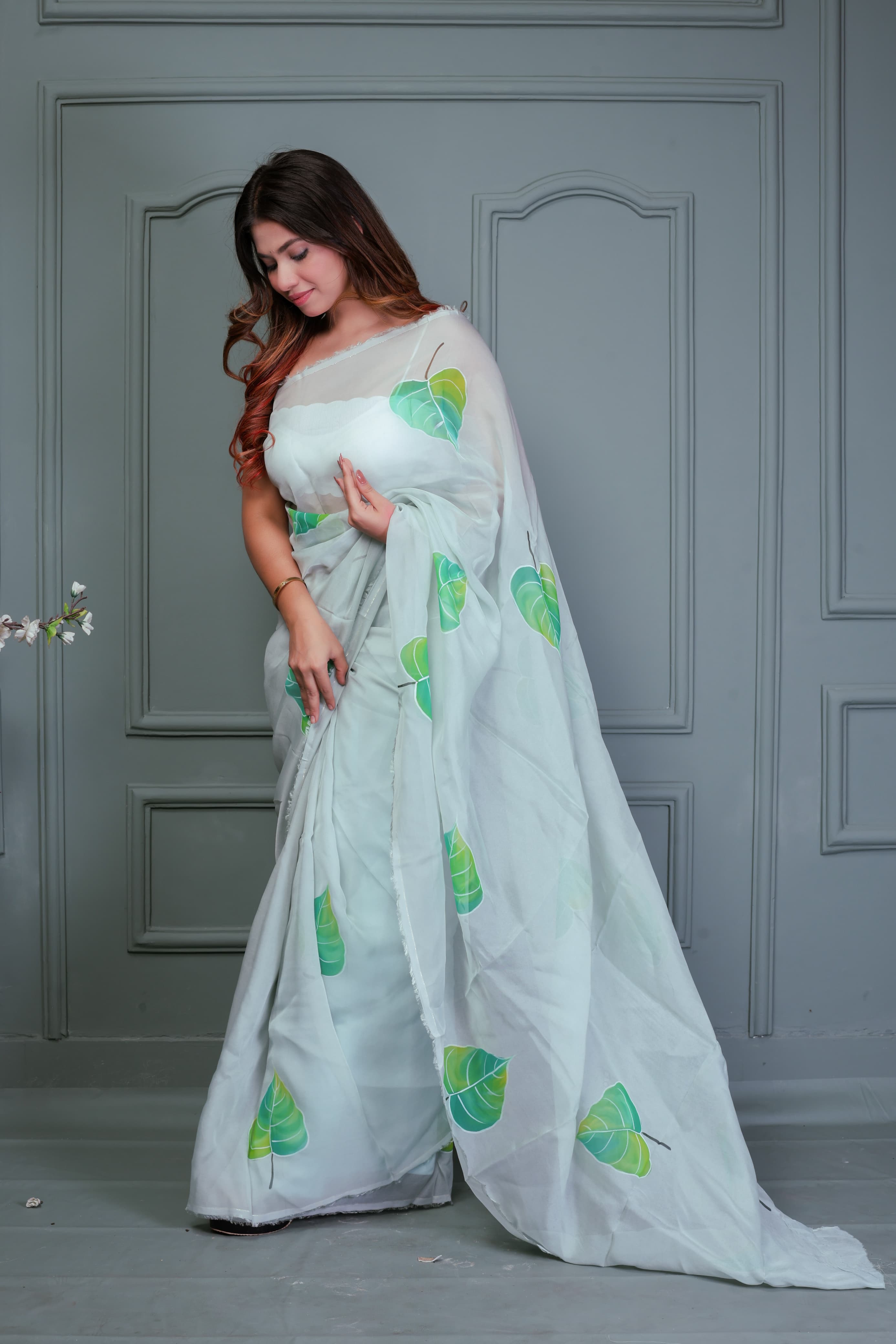 Green Organza Hand Painted Saree