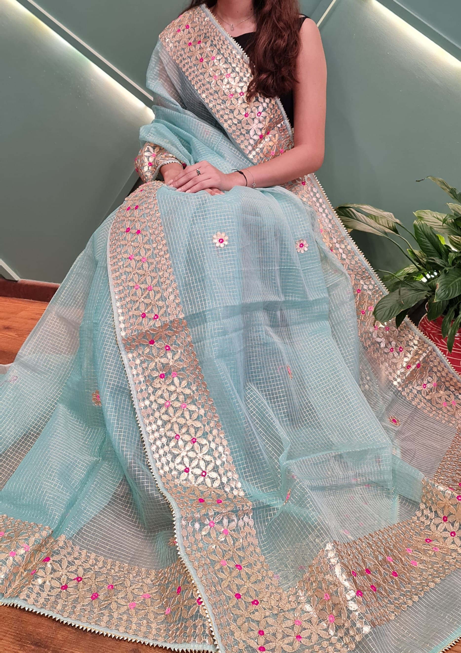 Gulhari- Sky Blue Kota Doria Heavy Border Gota Patti Saree