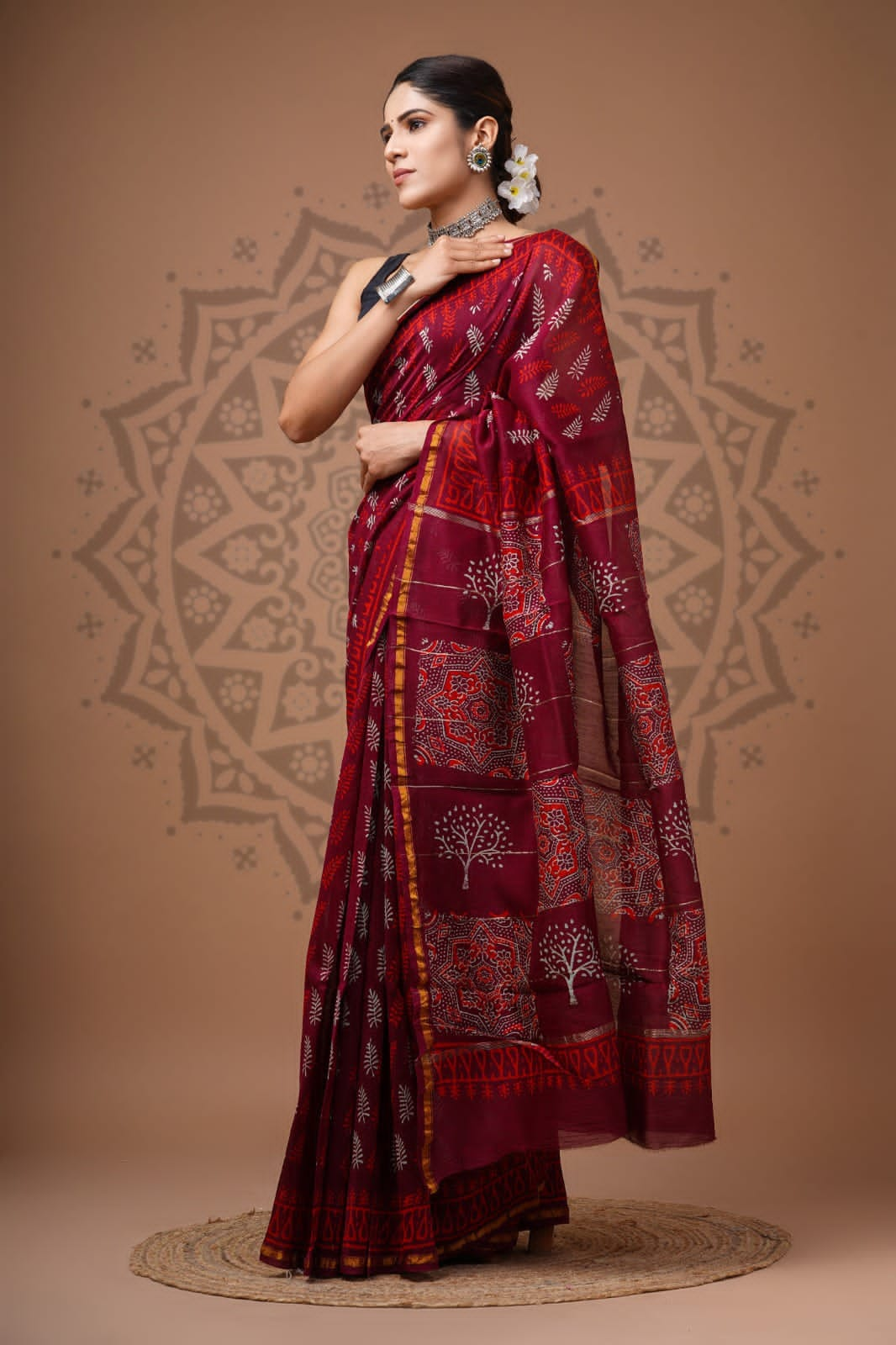 Maroon Maheshwari Bagru Print Saree