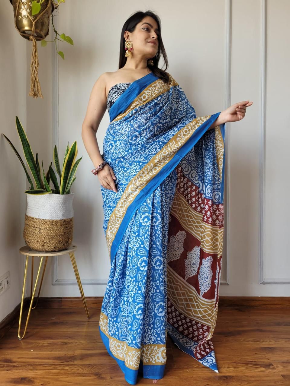 Blue Trending Indigo Hand Block Print MulMul Cotton Saree