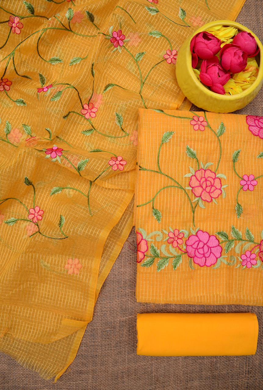 Kota Doria Embroidered Suit Set In Yellow (unstitched)