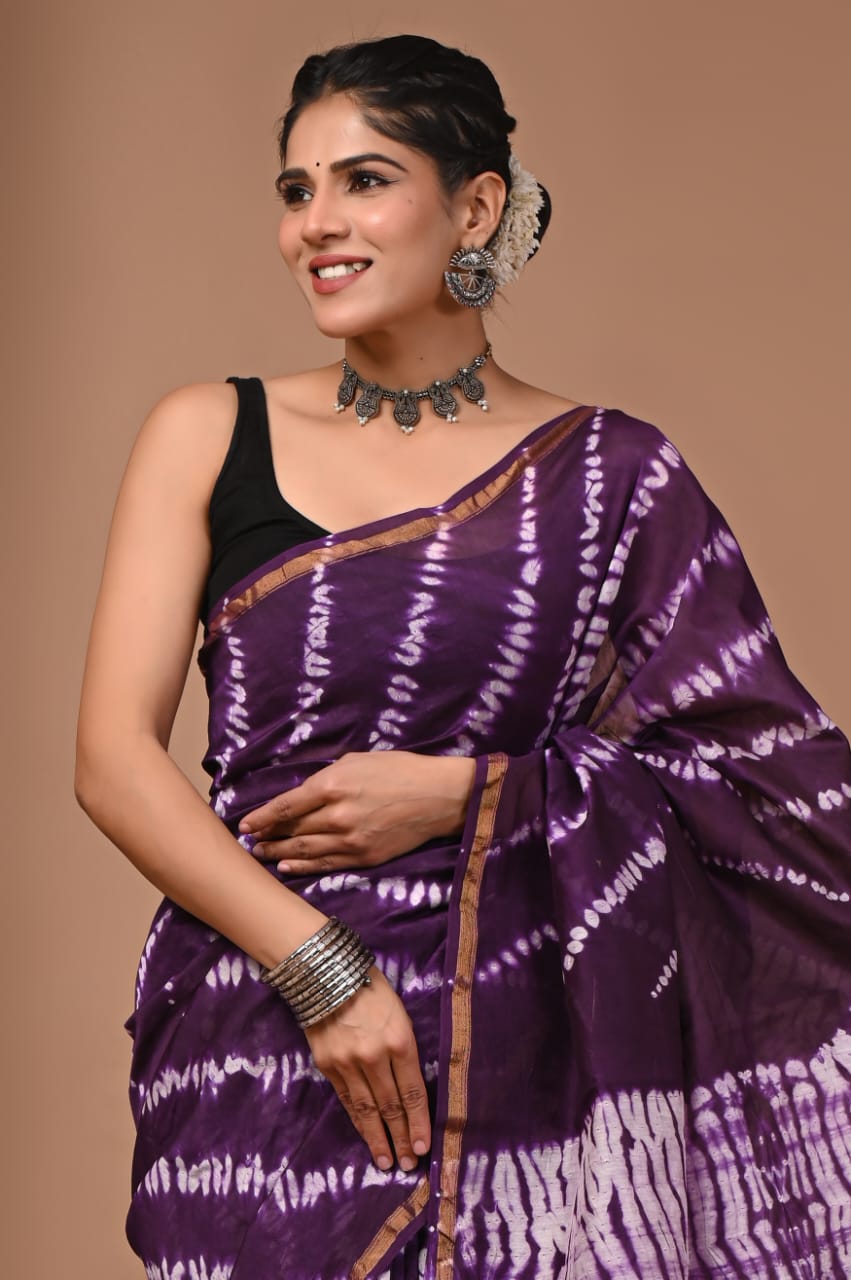 Purple Chanderi Hand Block Printed  Saree