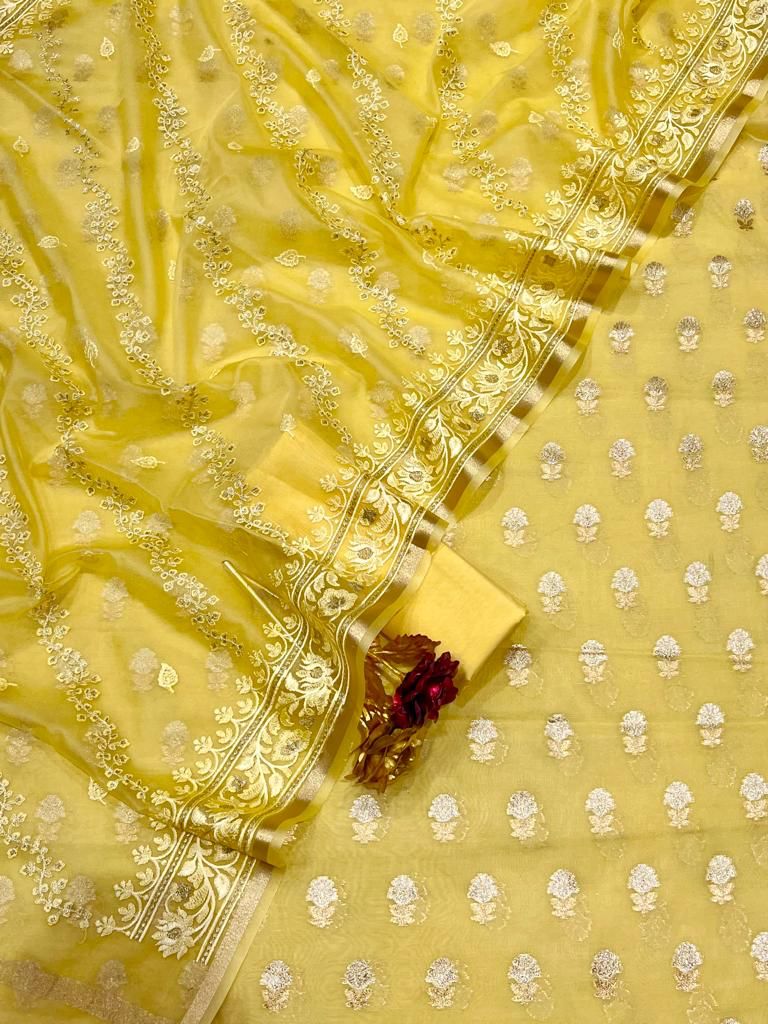 Sunflower Yellow Banarasi Soft Silk Salwar Kameez with Dupatta (Unstitched)