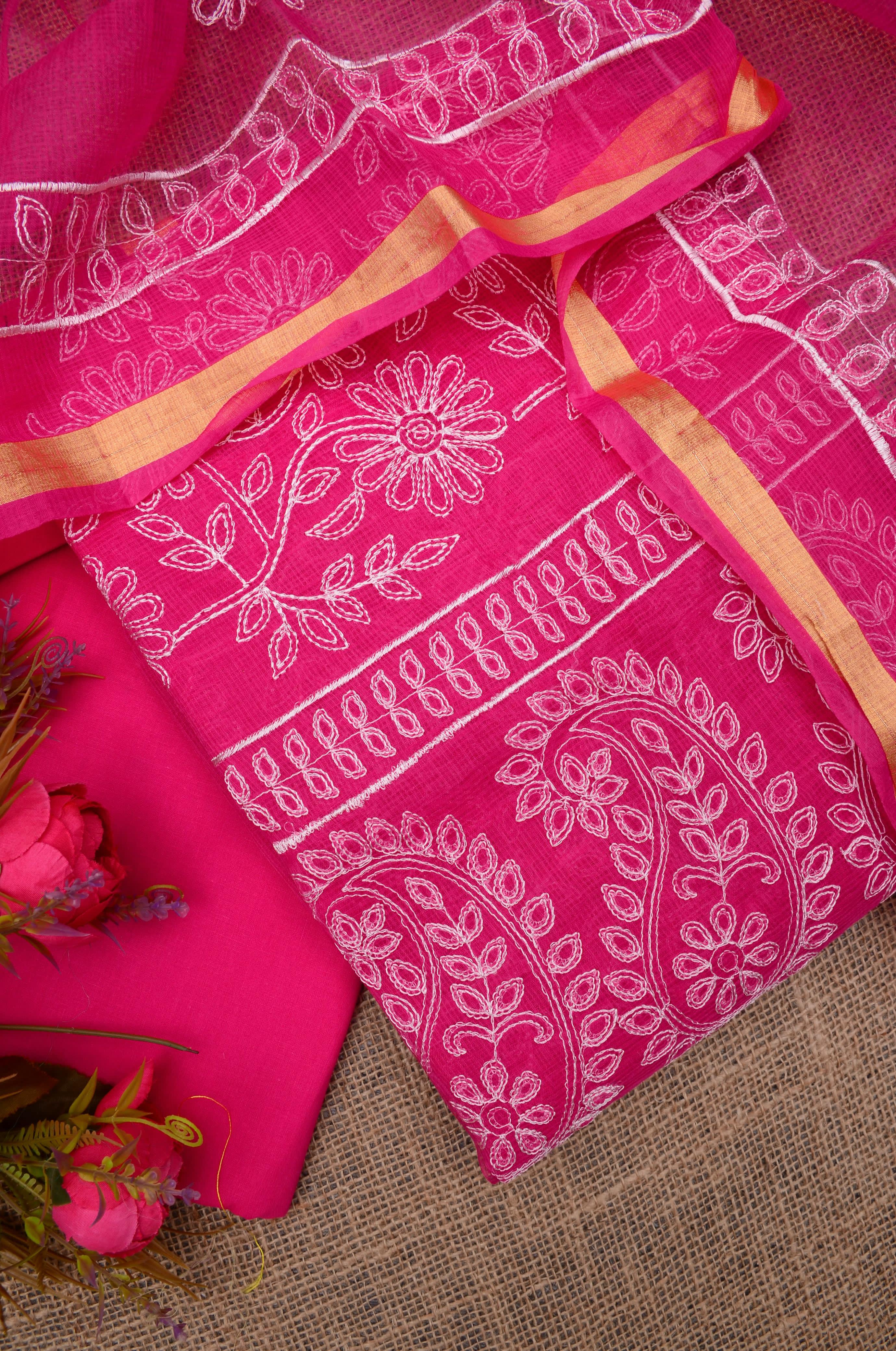 Red Embroided Cotton Kota Doria Suit Fabric With Dupatta