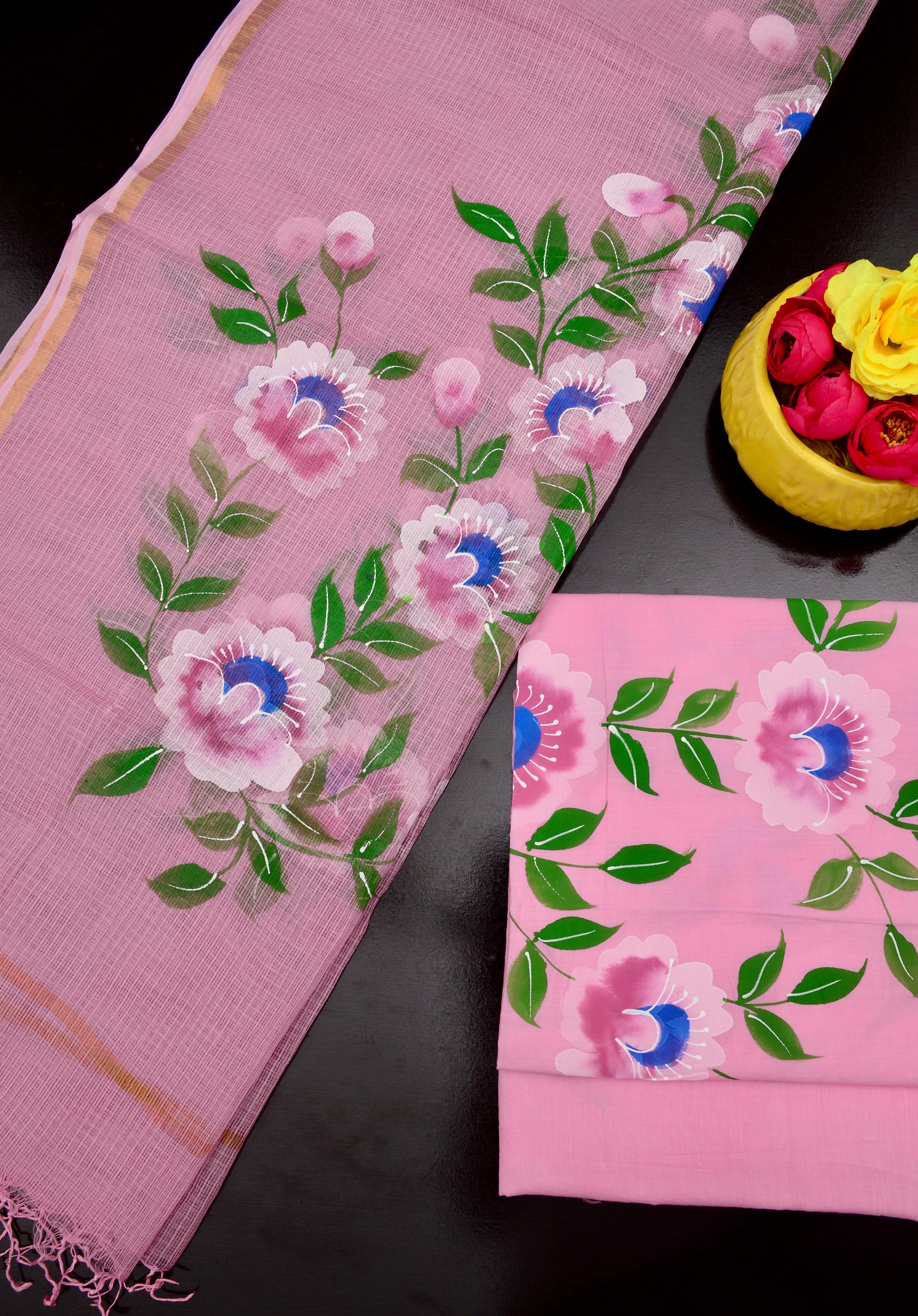 Pink Hand Painted Cotton Kota Doria Suit With Dupatta