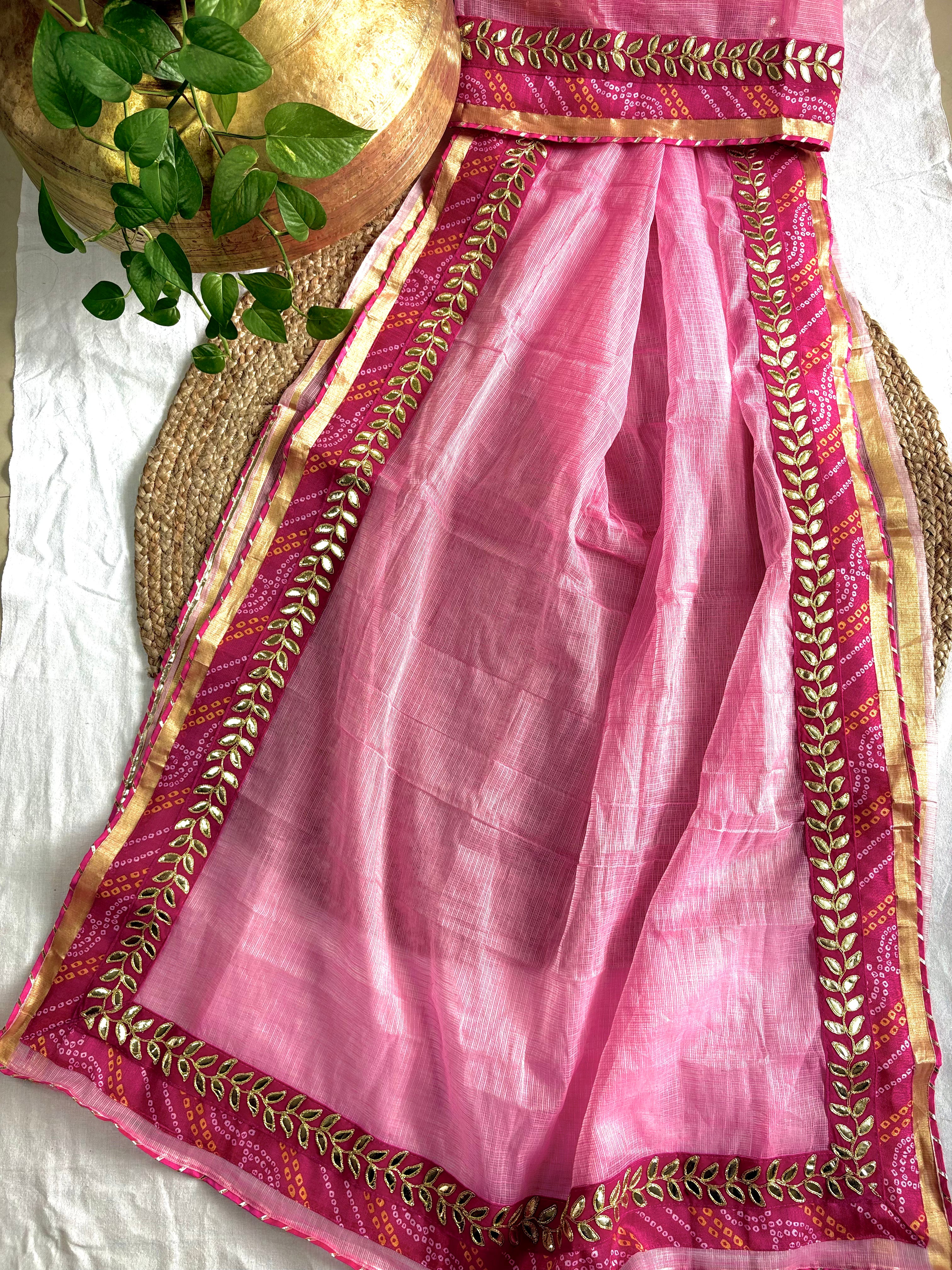 Pink colour Kota Doria Gota Patti Saree