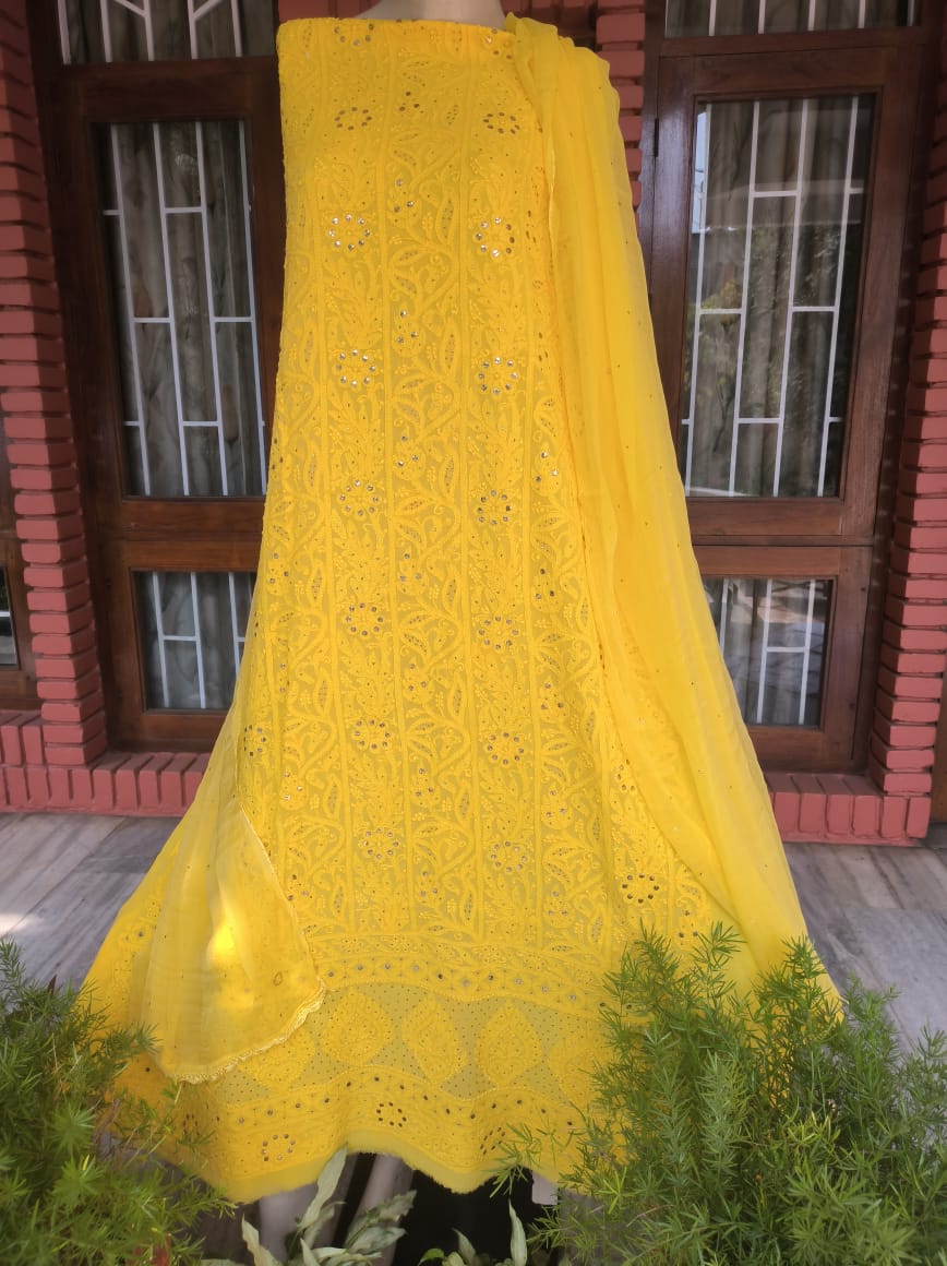 Yellow Lucknowi Chikankari Gota Patti Salwar Suit(Dress Material)