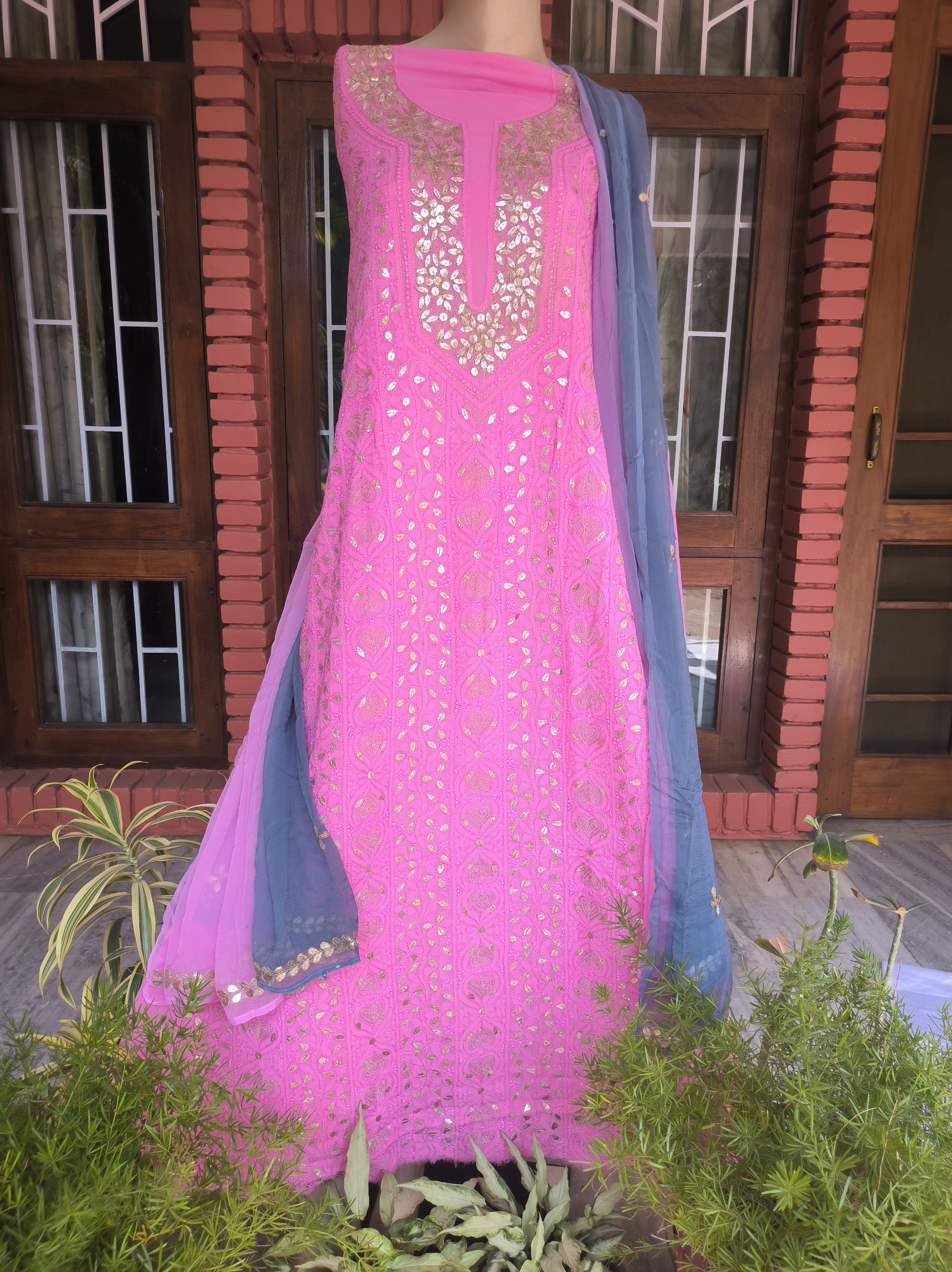 Pink Lucknowi Chikankari Gota Patti Salwar Suit(Dress Material)