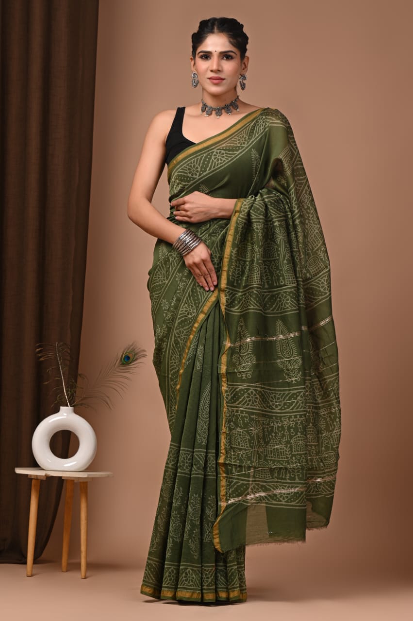 Green Chanderi Hand Block Printed  Saree