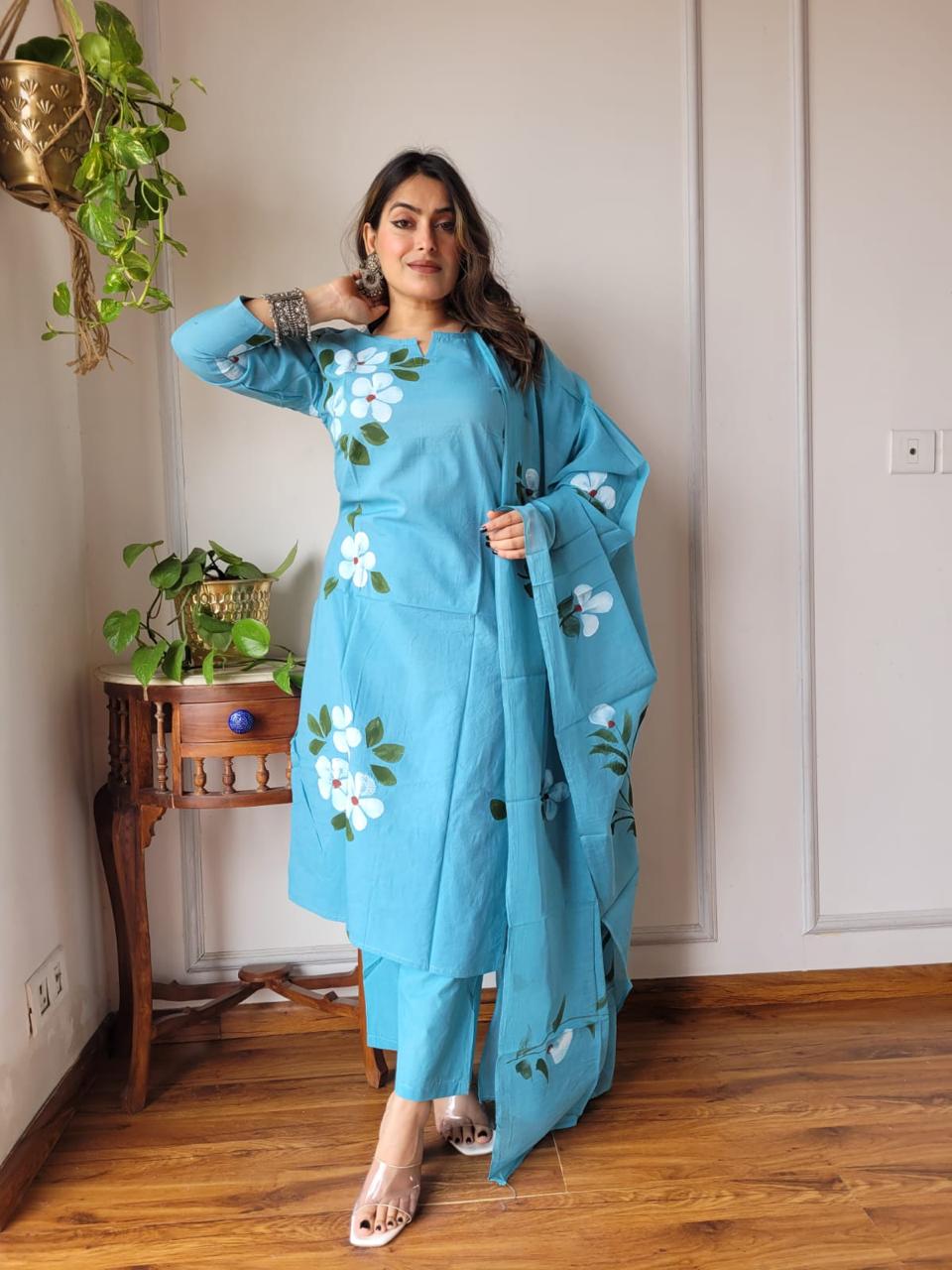 Blue Block Print Suit Set With Dupatta