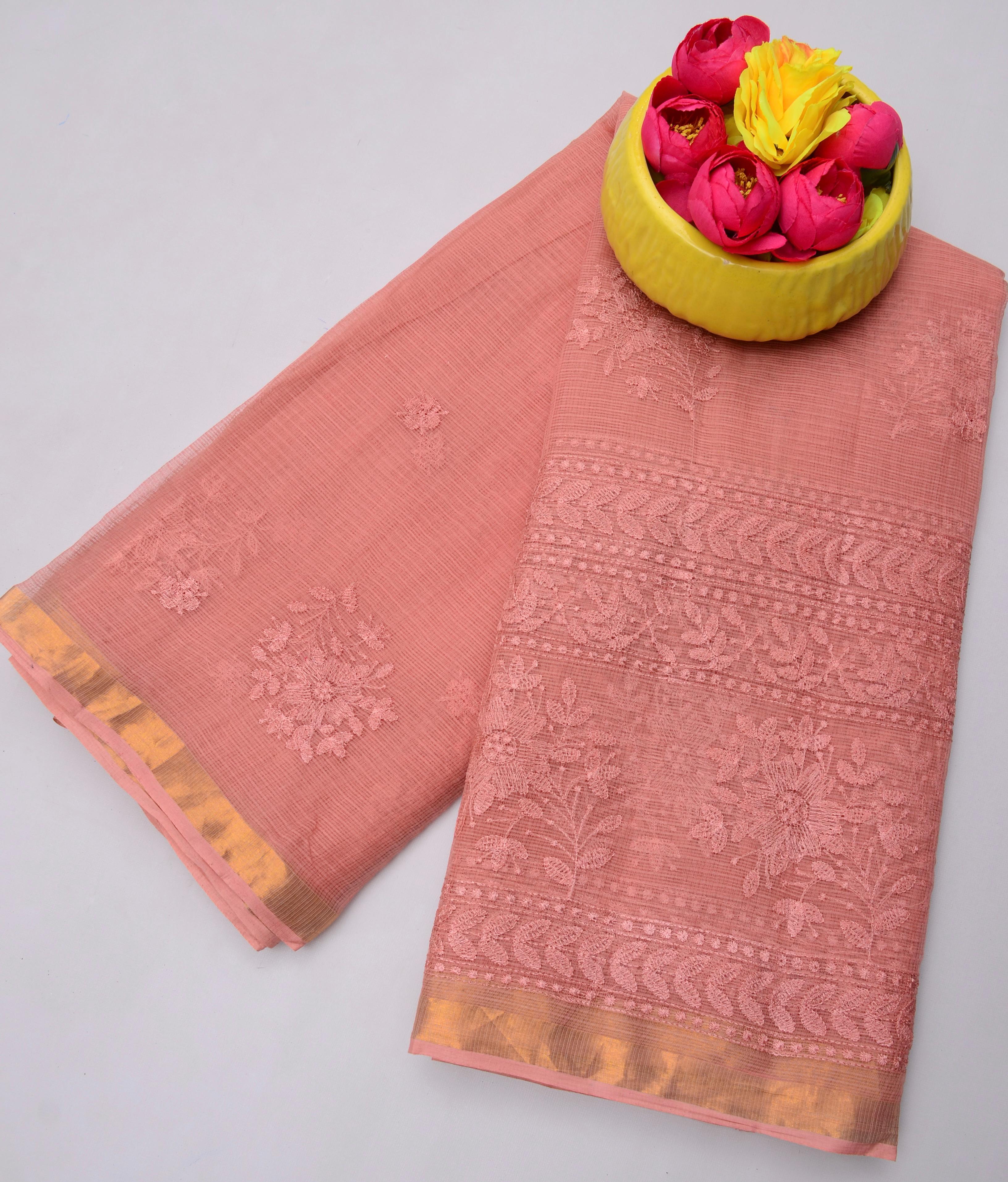 Peach Kota Doria All Over Embroidery Work Saree